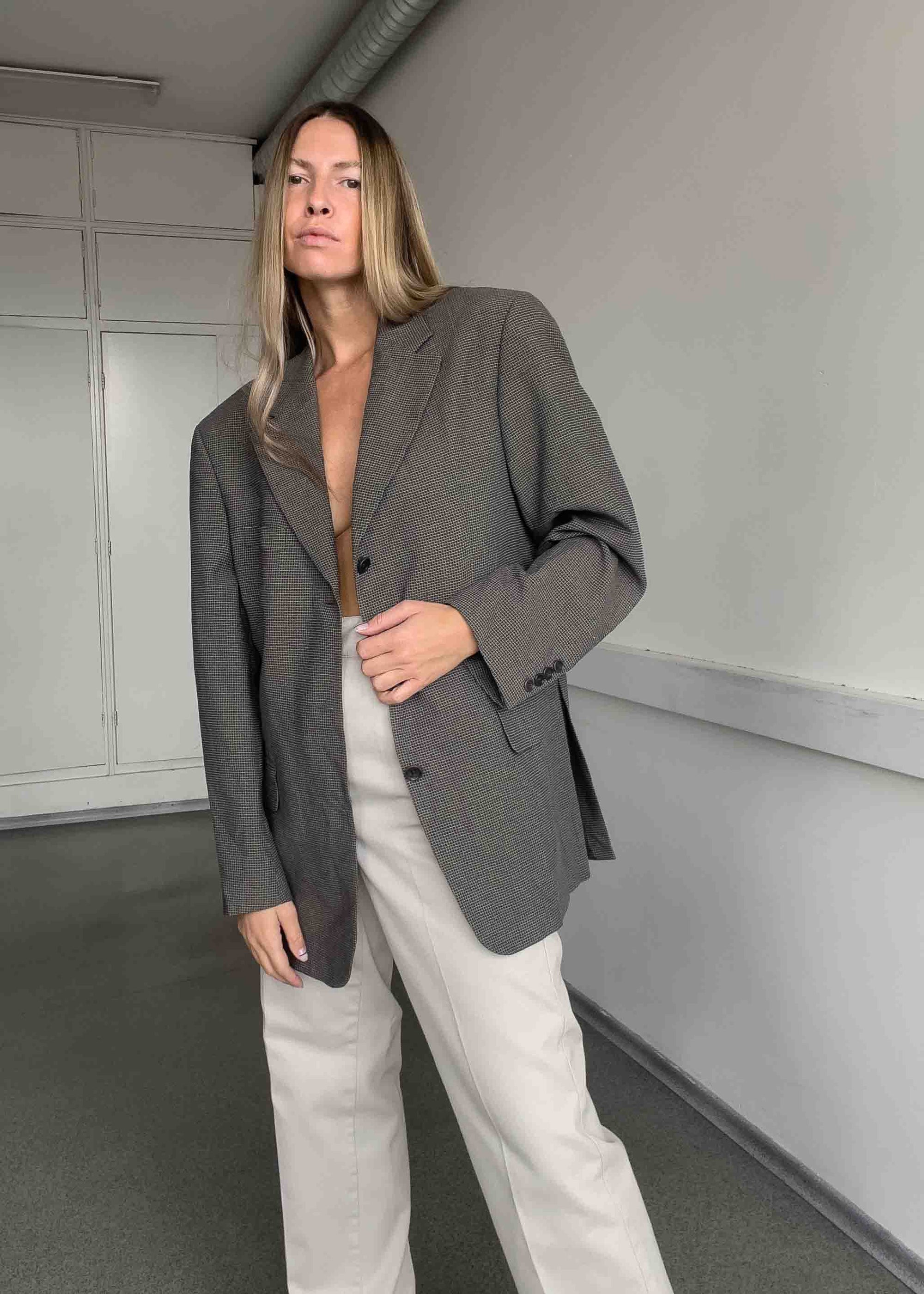 Vintage Grey Checked Oversized Blazer