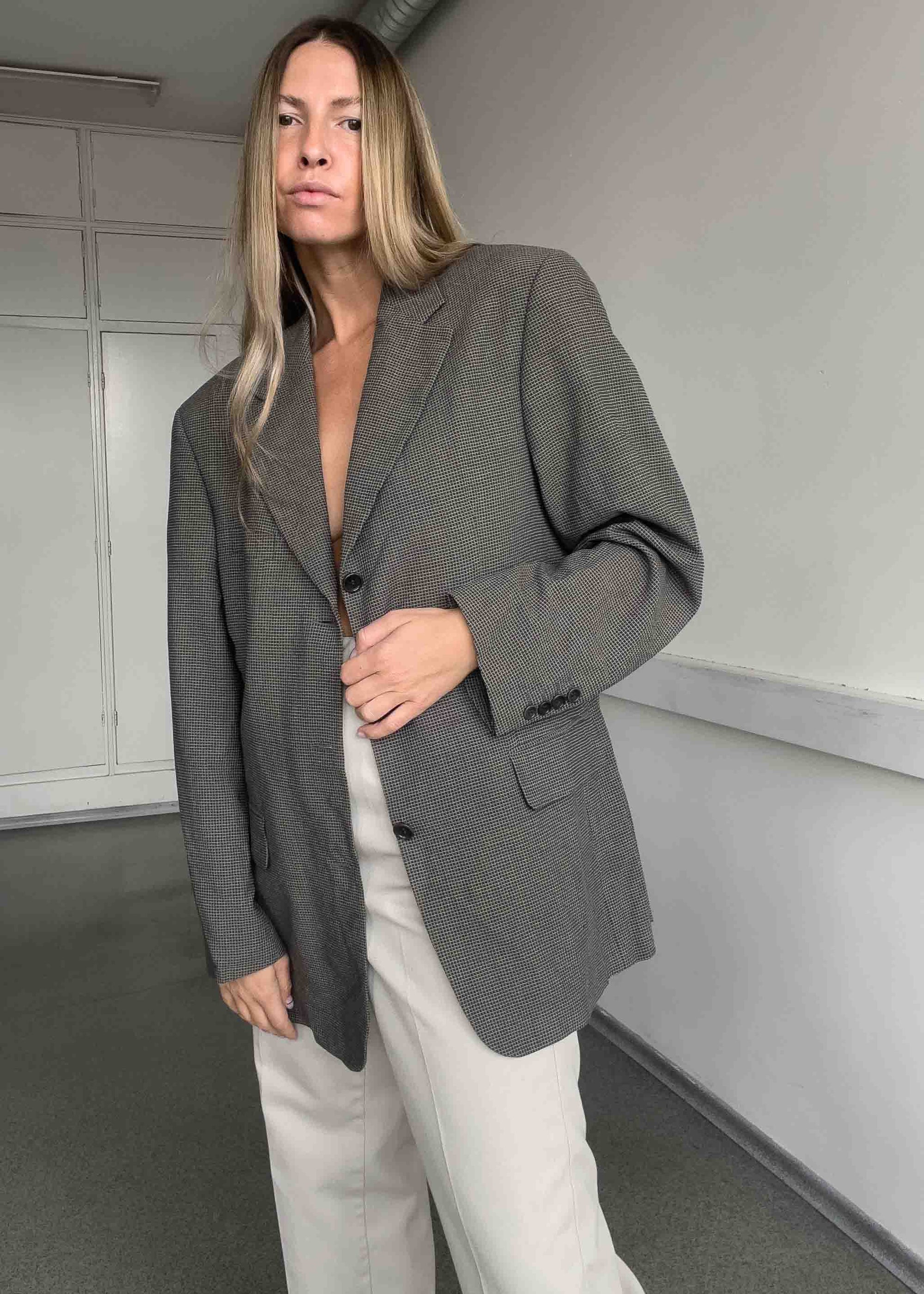 Vintage Grey Checked Oversized Blazer