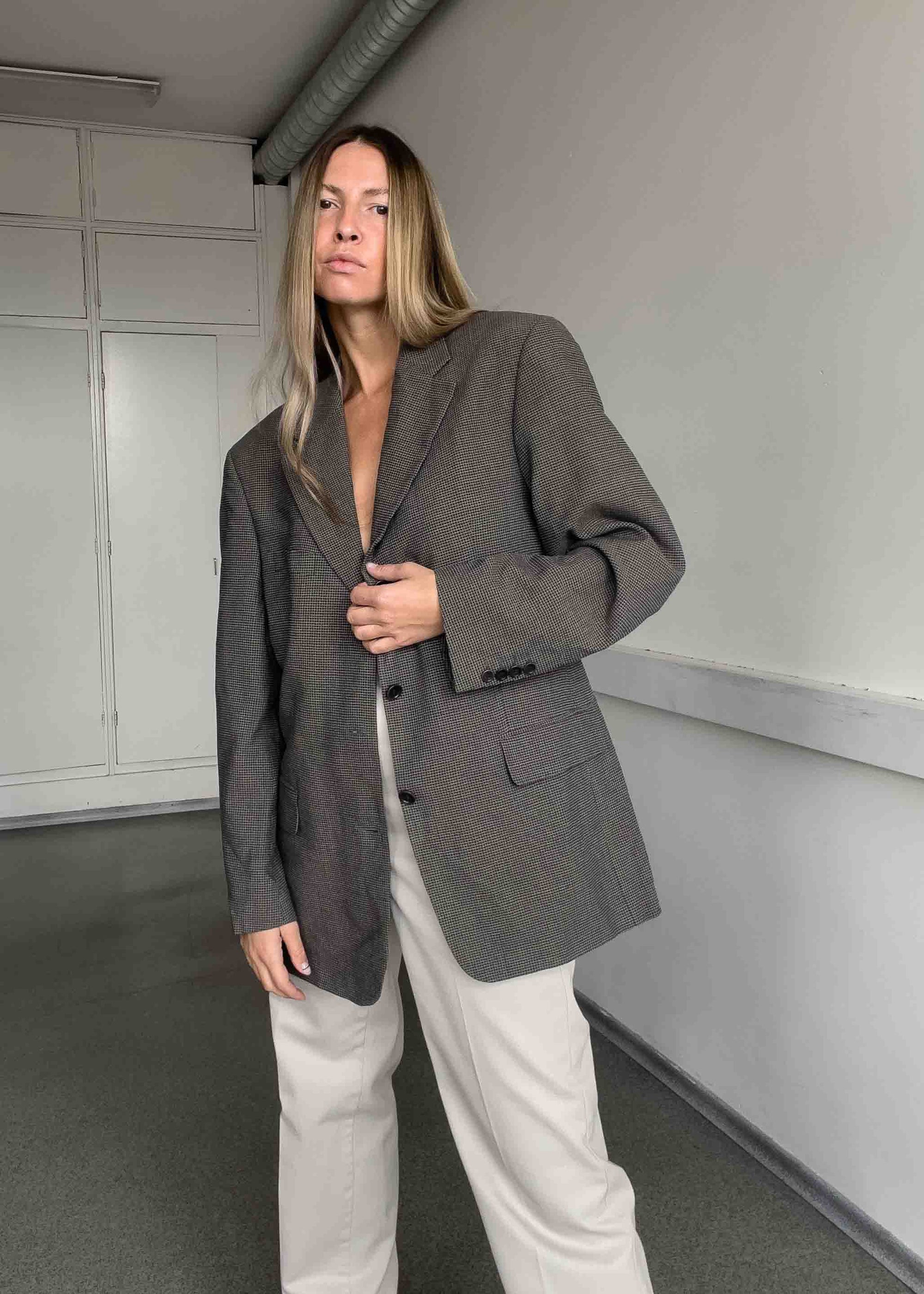 Vintage Grey Checked Oversized Blazer