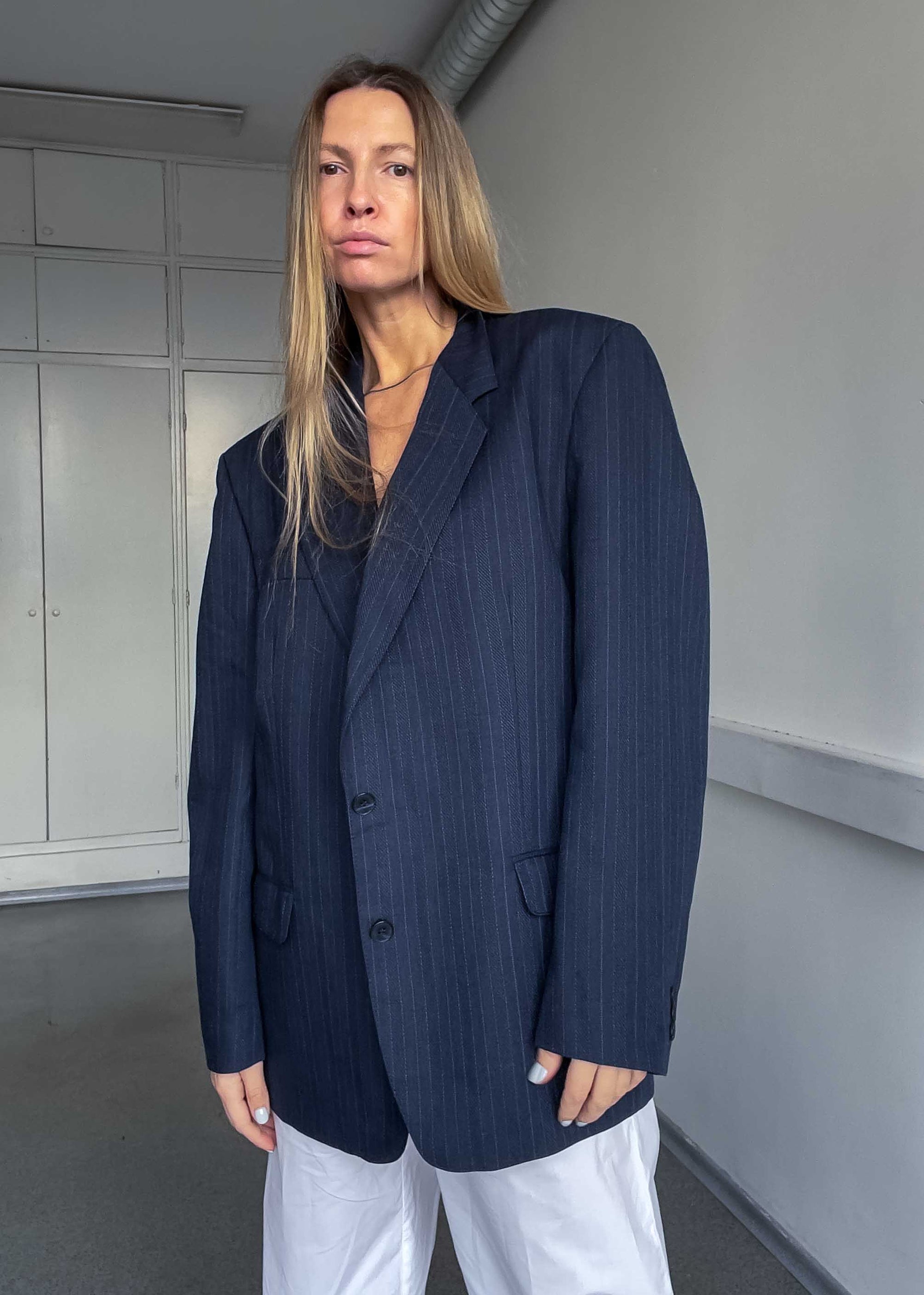 Vintage Blue Striped Oversized Blazer