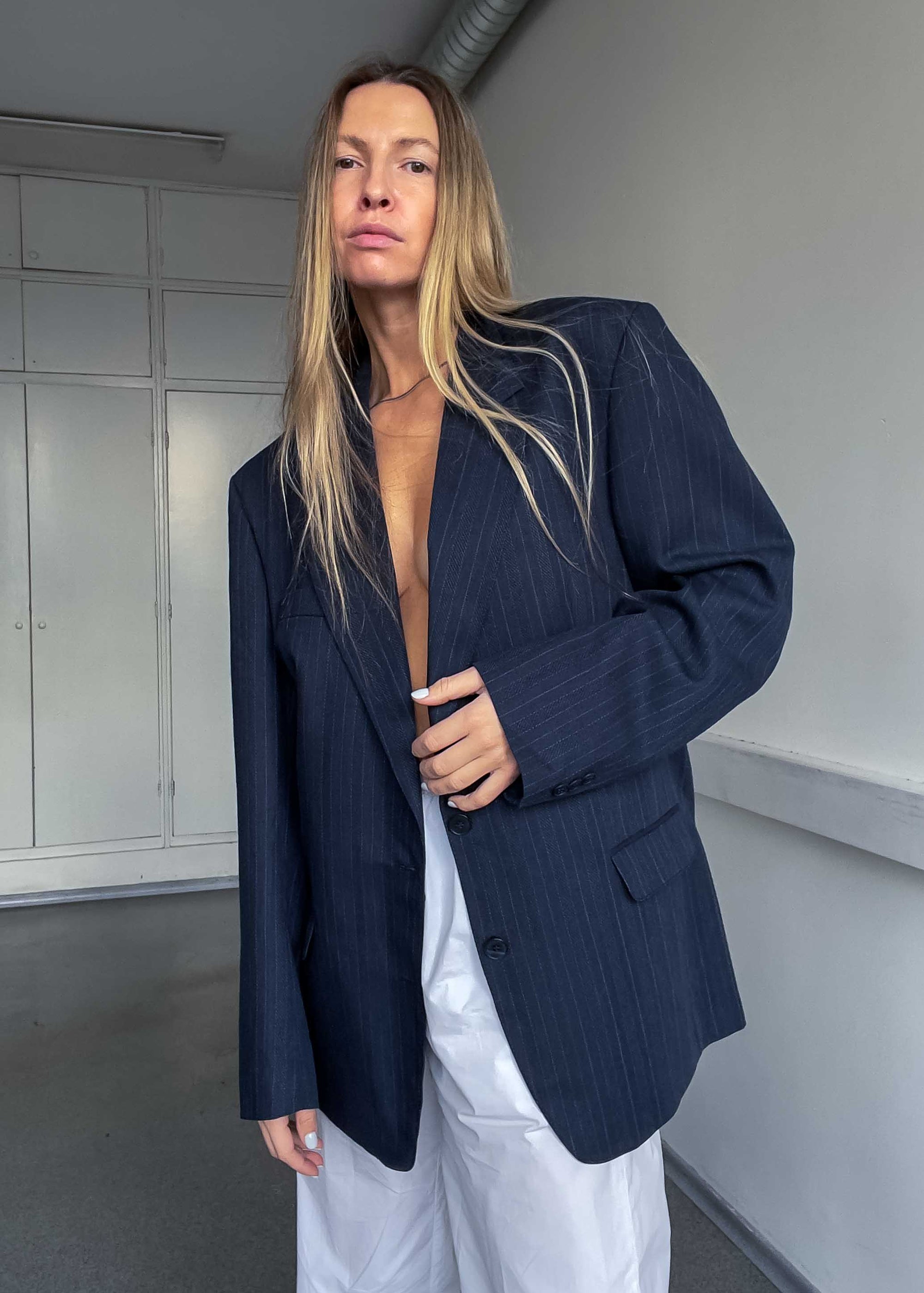 Vintage Blue Striped Oversized Blazer