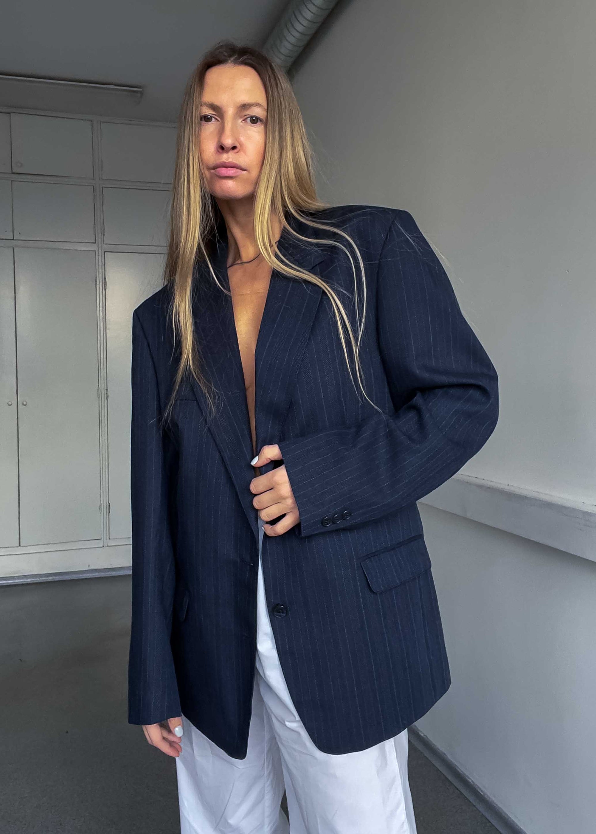 Vintage Blue Striped Oversized Blazer