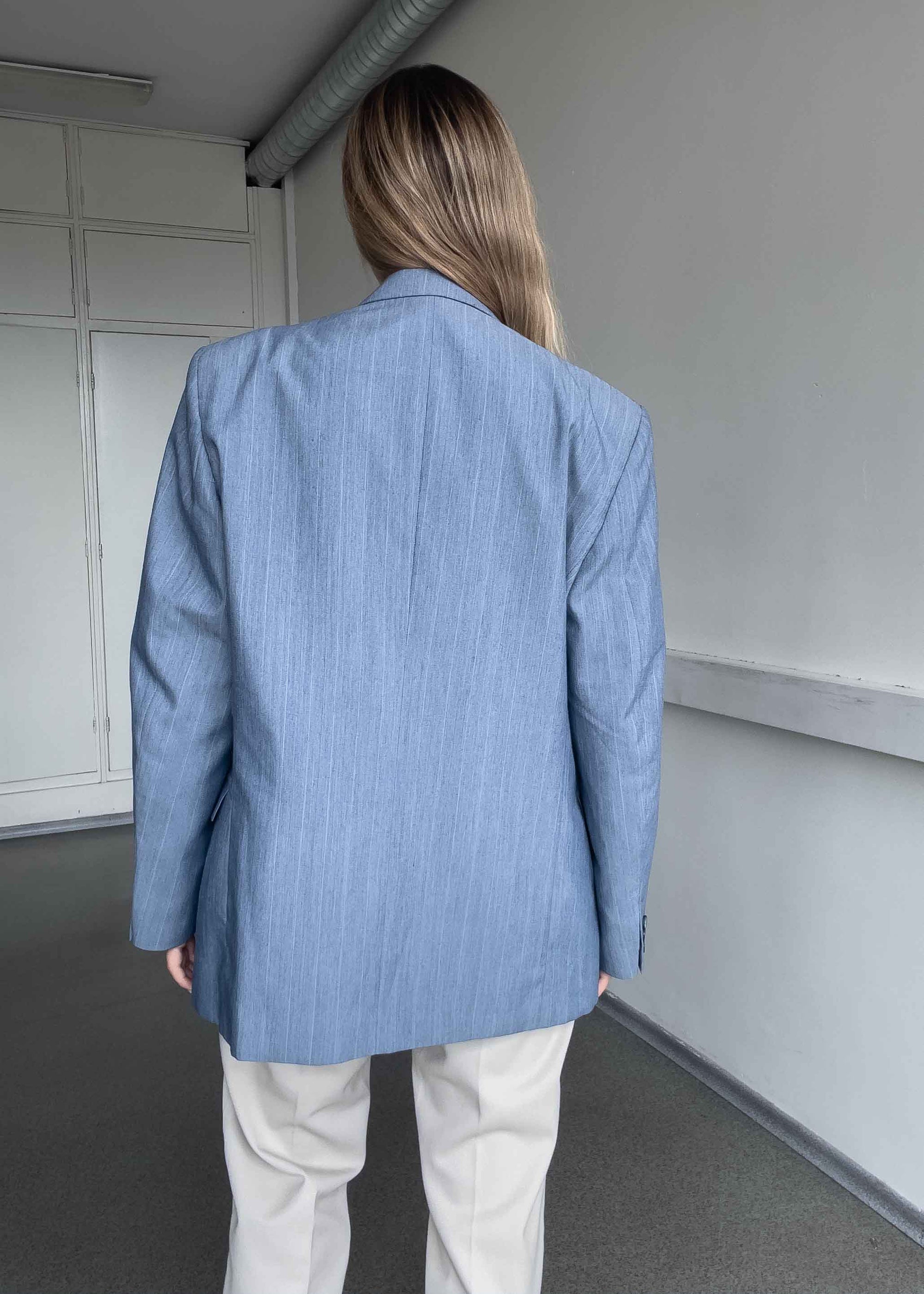 Vintage Light Blue Stripy Oversized Double Breasted Blazer