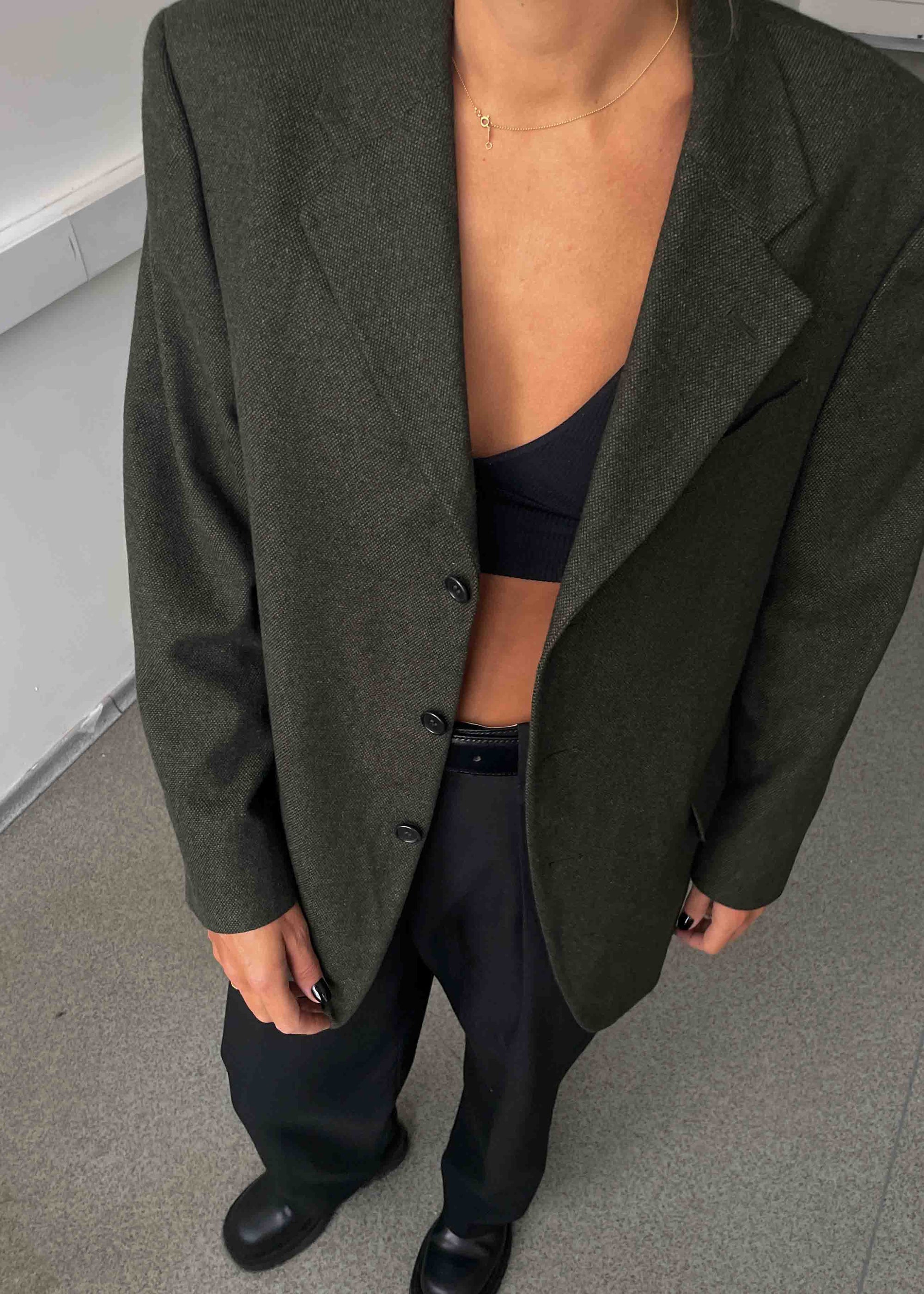 Vintage Khaki Green Patterned Oversized Blazer