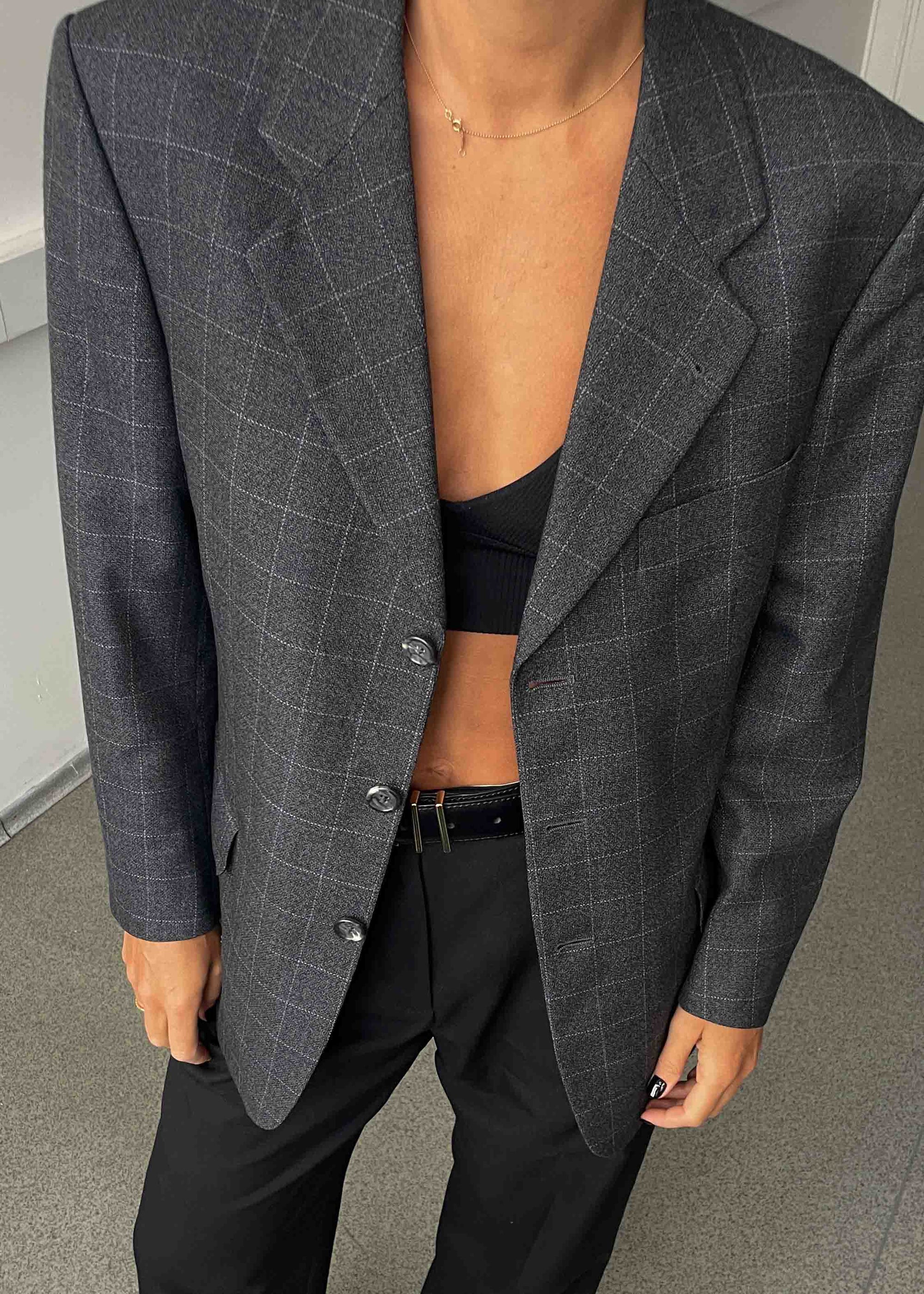 Vintage Grey Checked Oversized Blazer