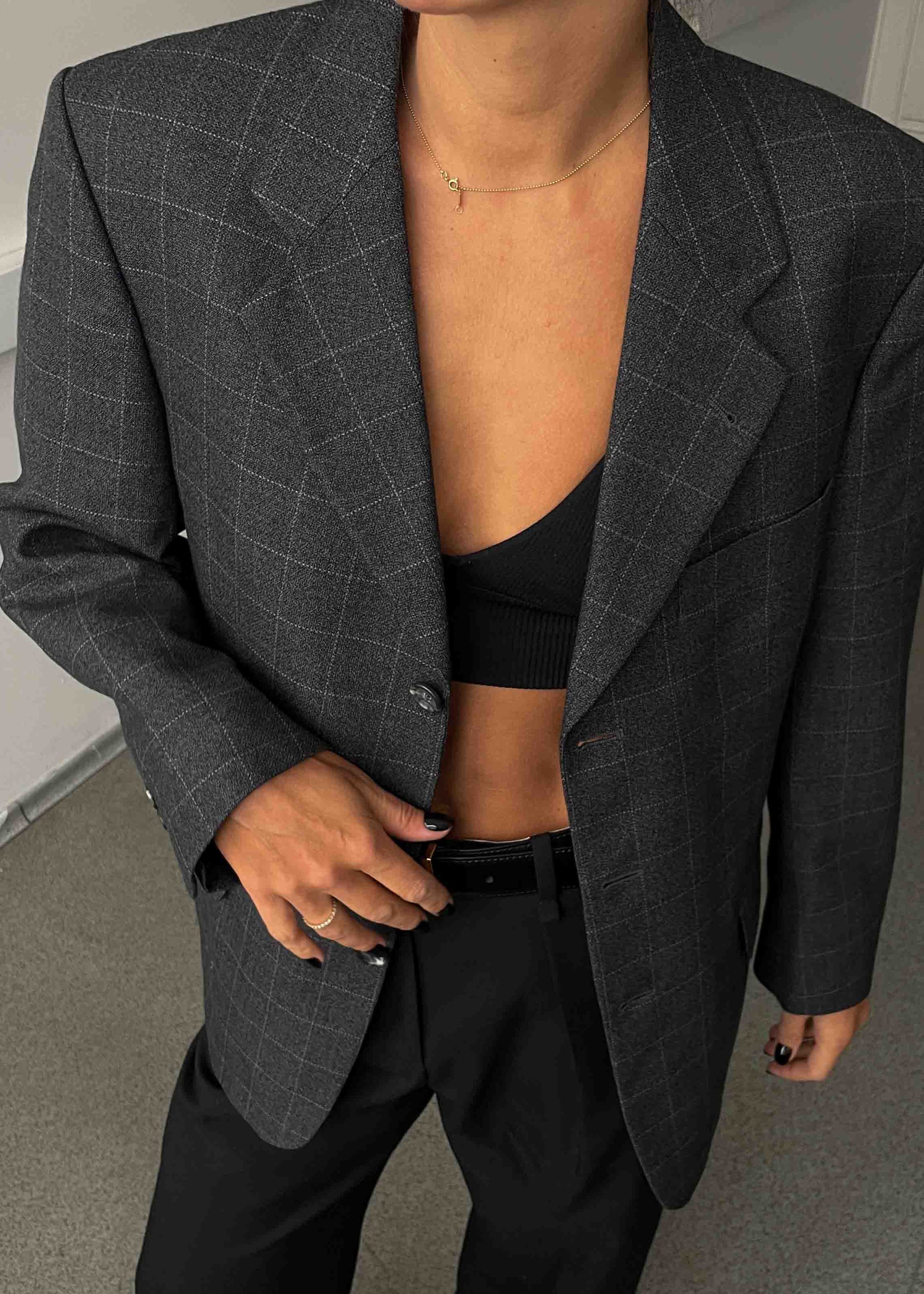 Vintage Grey Checked Oversized Blazer