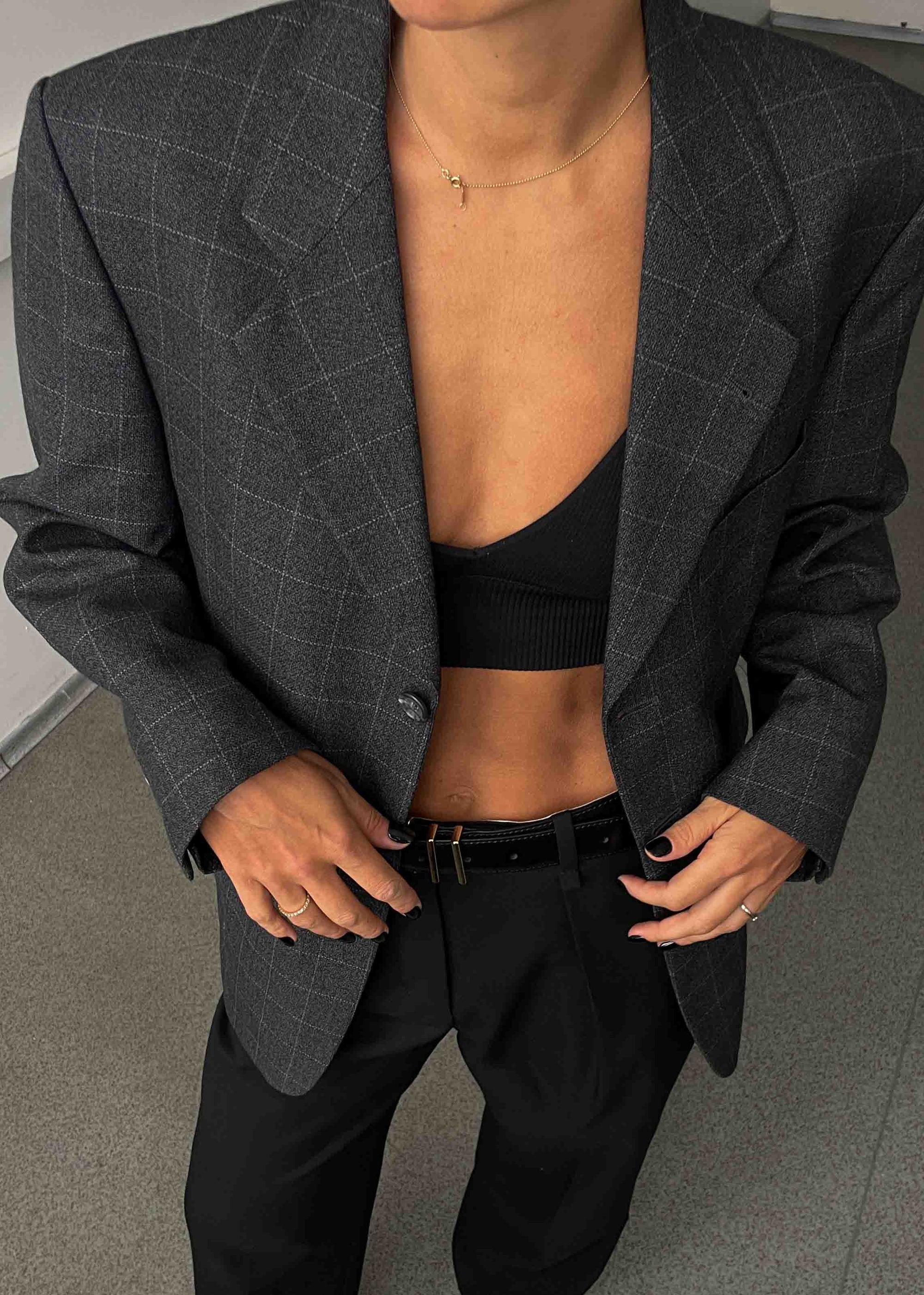 Vintage Grey Checked Oversized Blazer