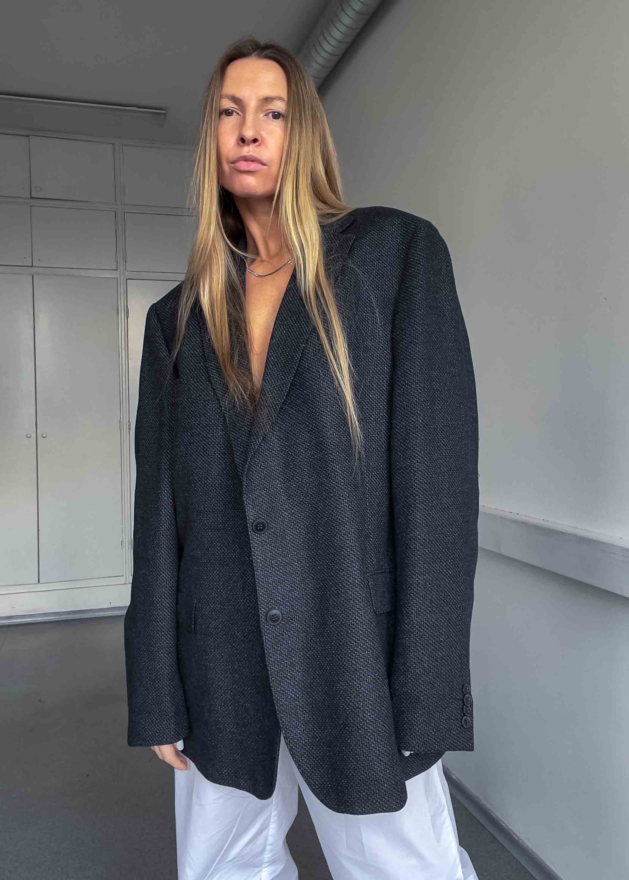 Vintage Dark Grey Patterned Oversized Blazer