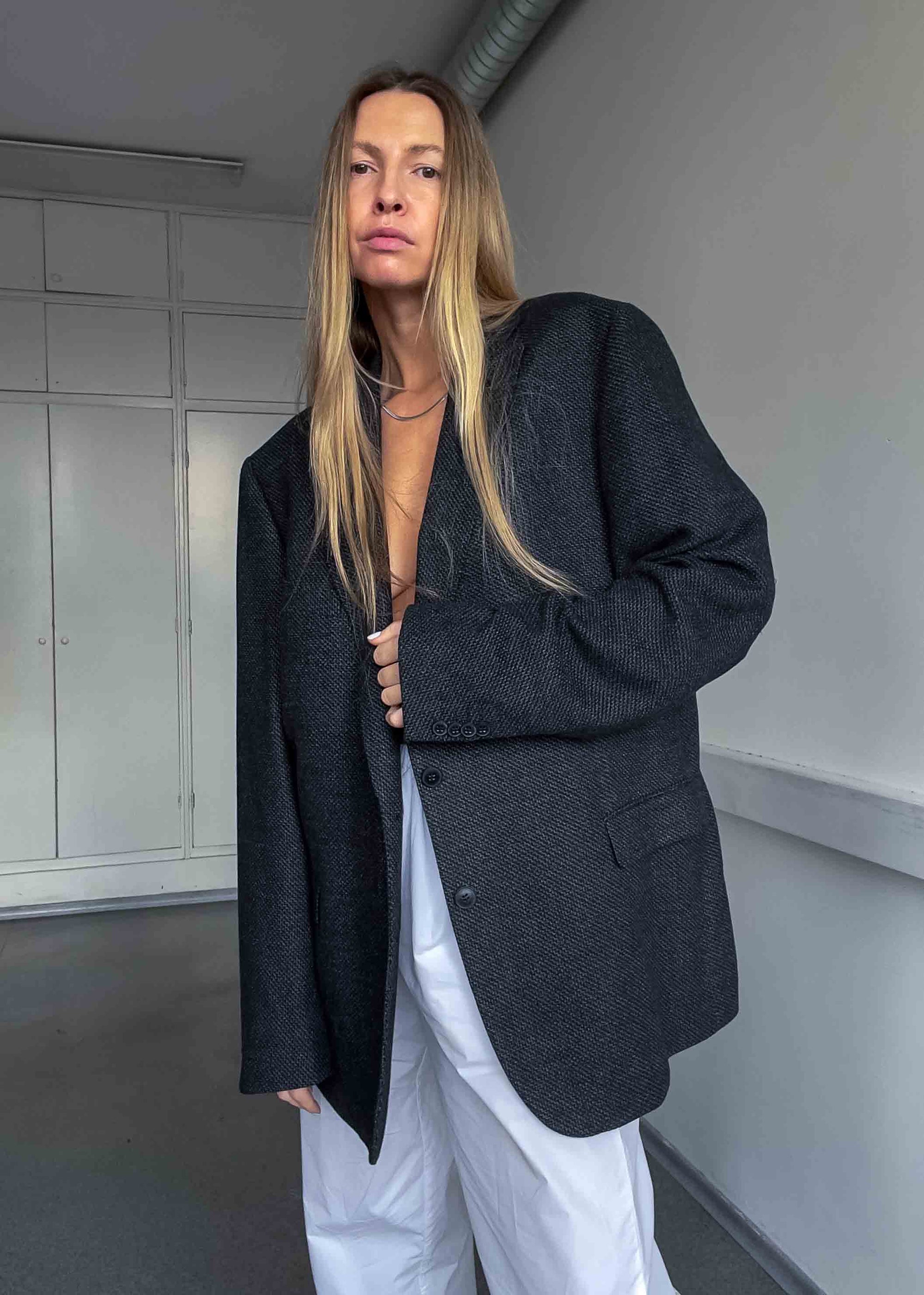 Vintage Dark Grey Patterned Oversized Blazer