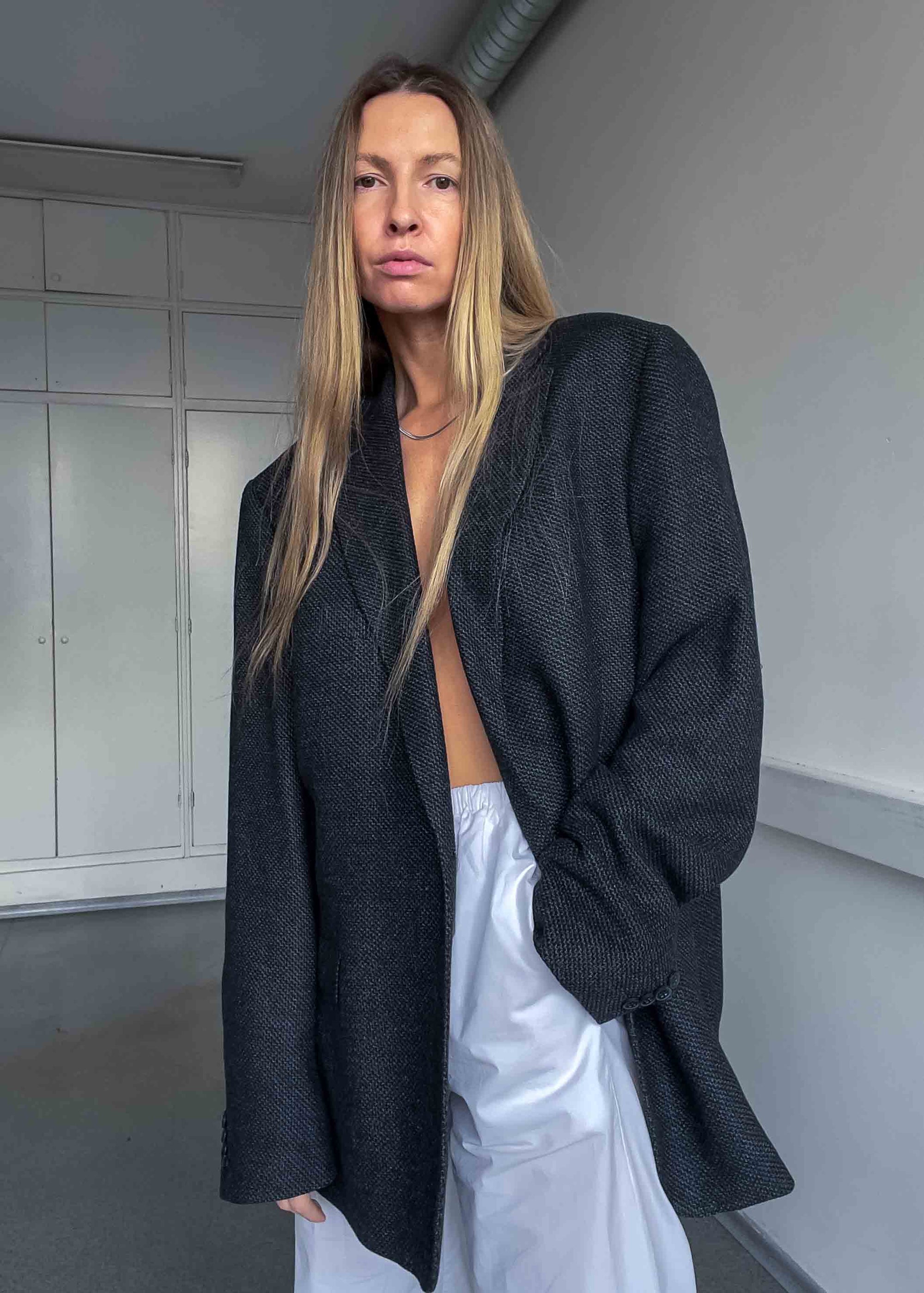 Vintage Dark Grey Patterned Oversized Blazer