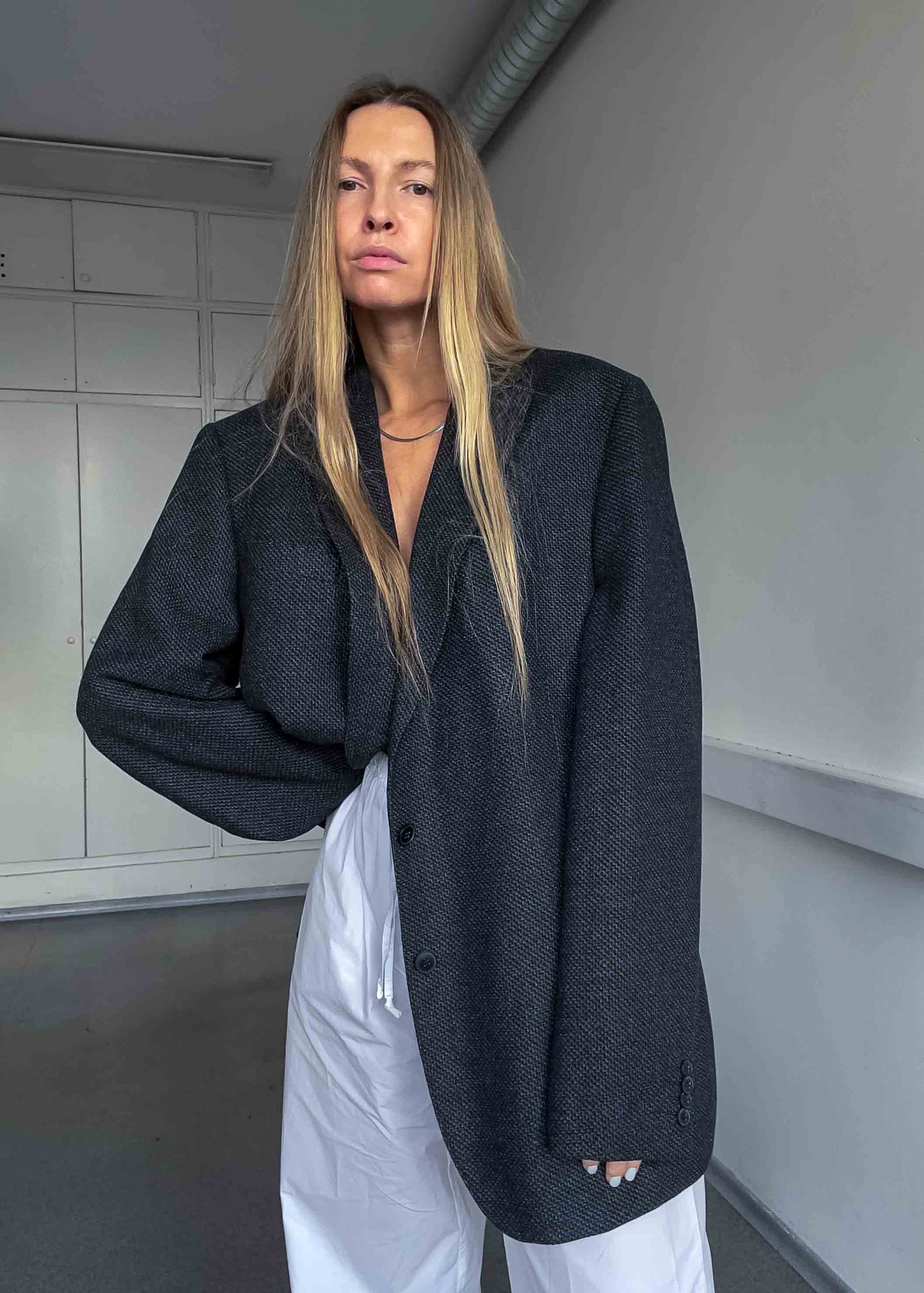 Vintage Dark Grey Patterned Oversized Blazer