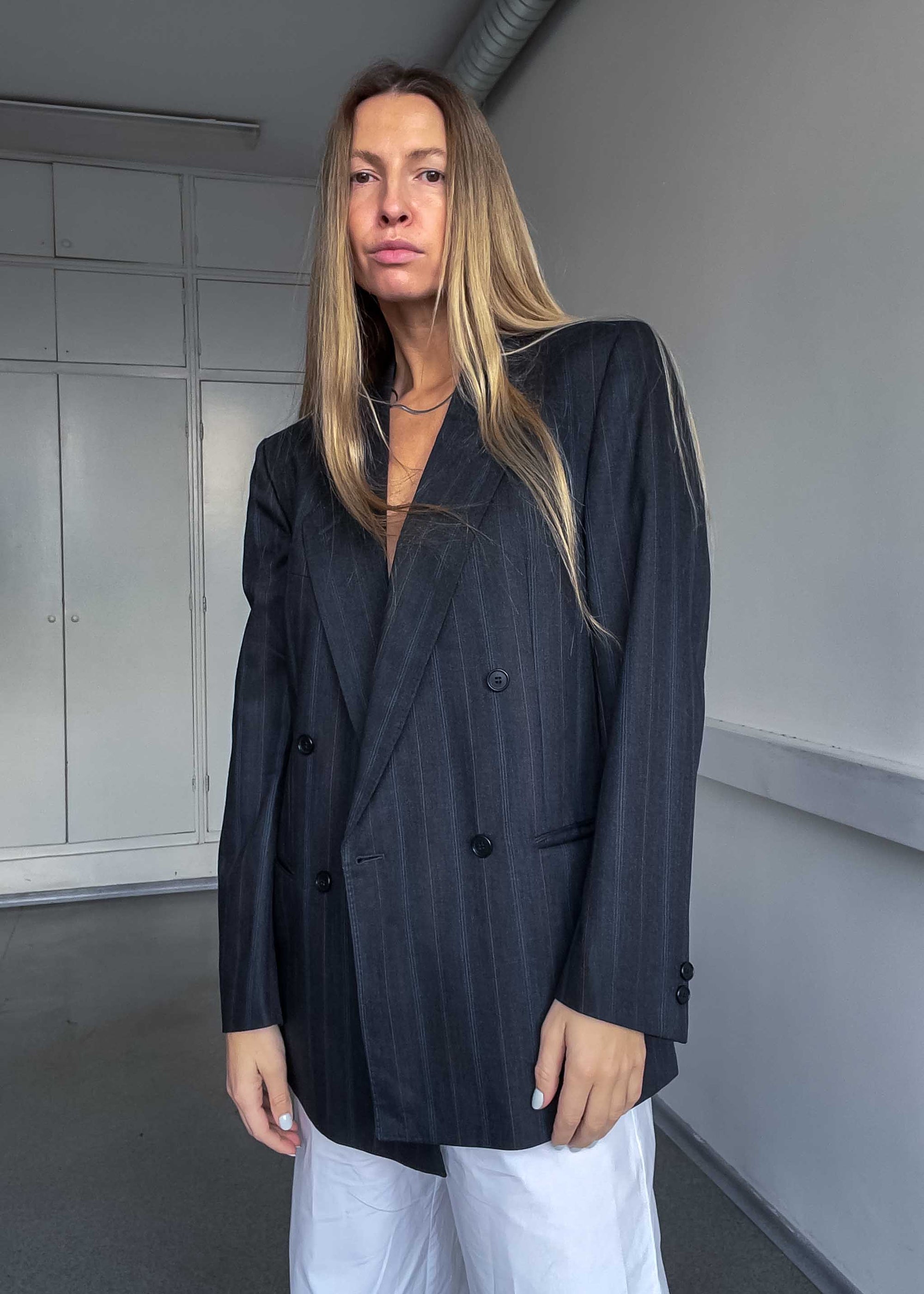 Vintage Grey Striped Oversized Double Breasted Blazer
