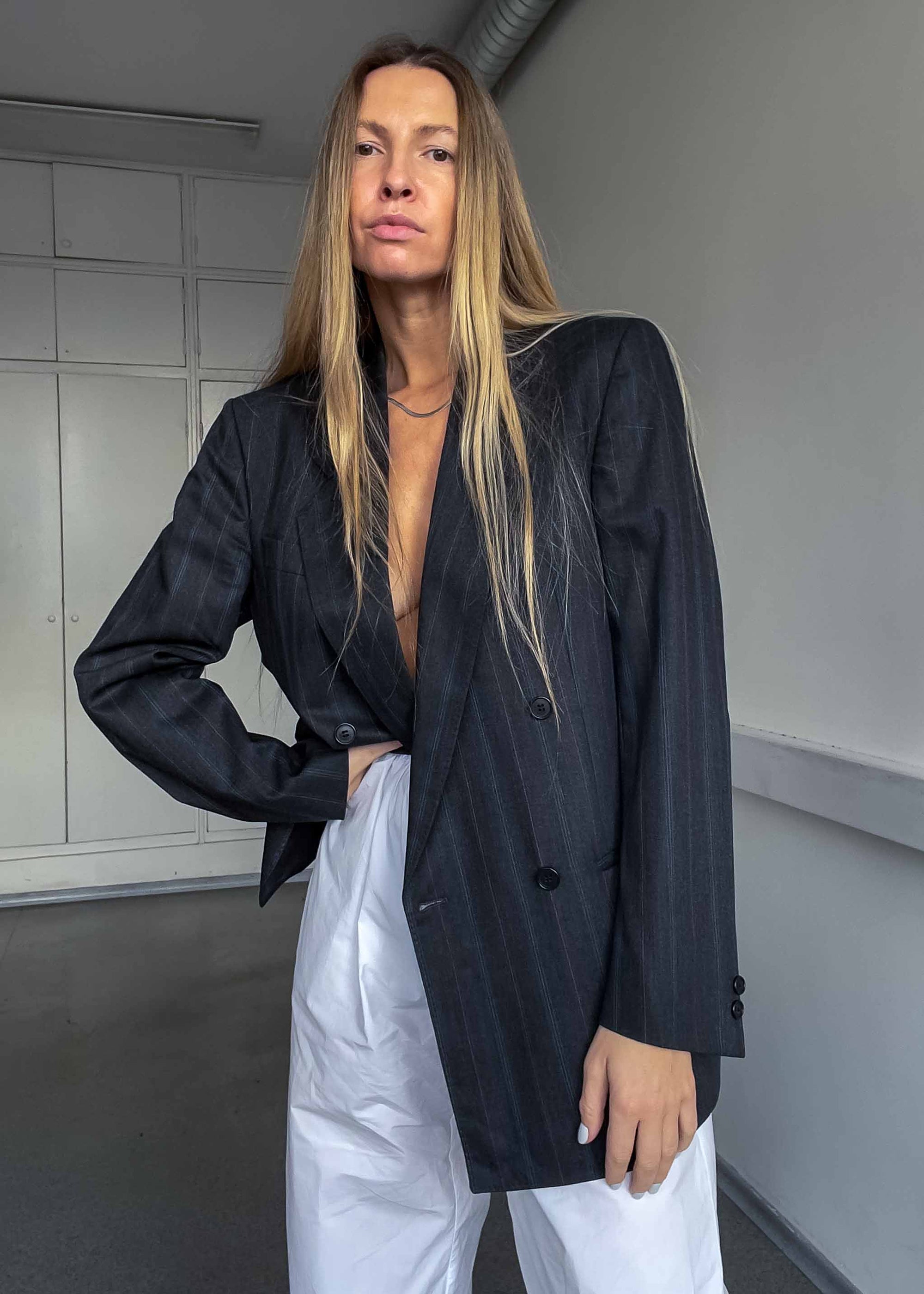 Vintage Grey Striped Oversized Double Breasted Blazer