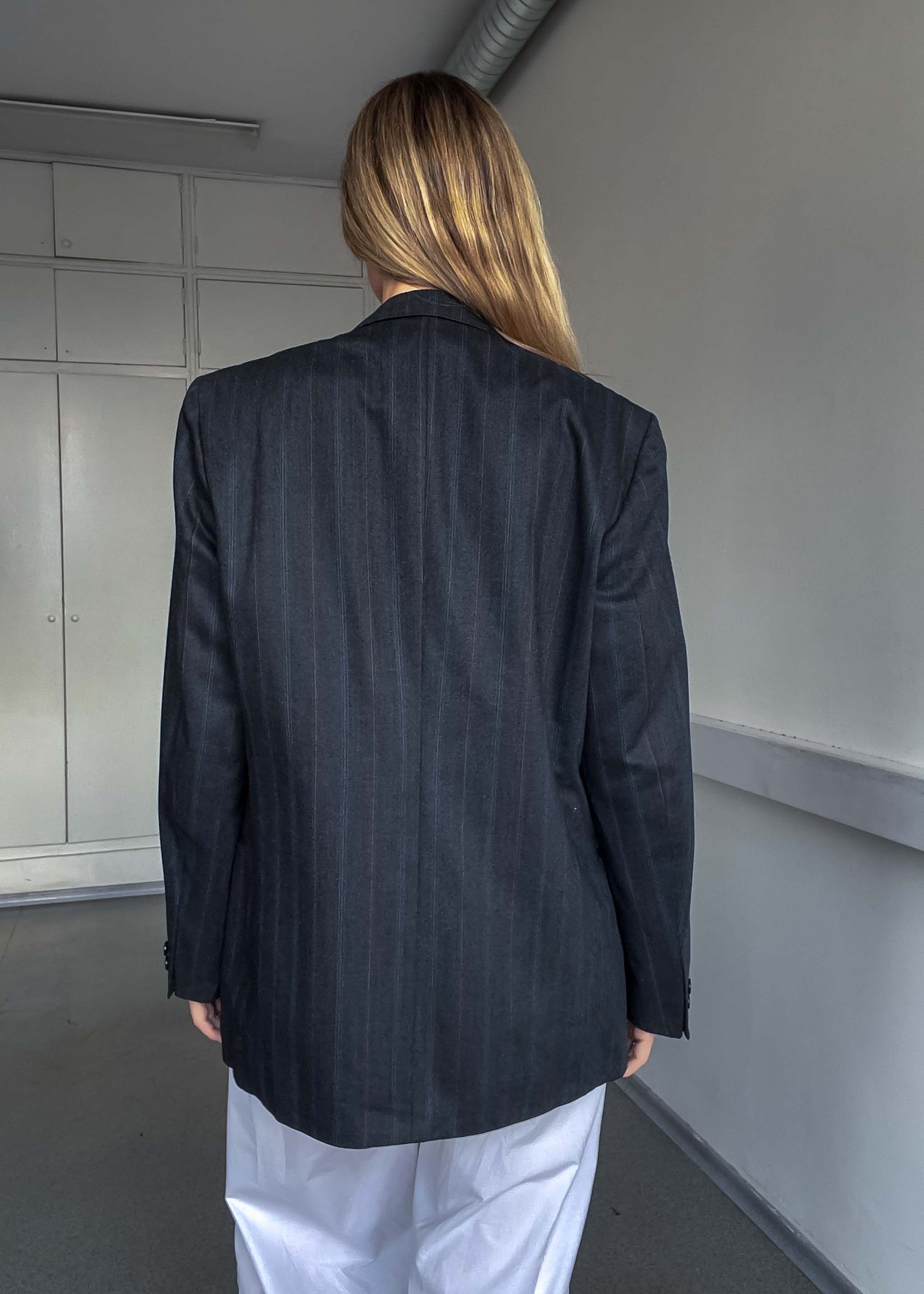 Vintage Grey Striped Oversized Double Breasted Blazer