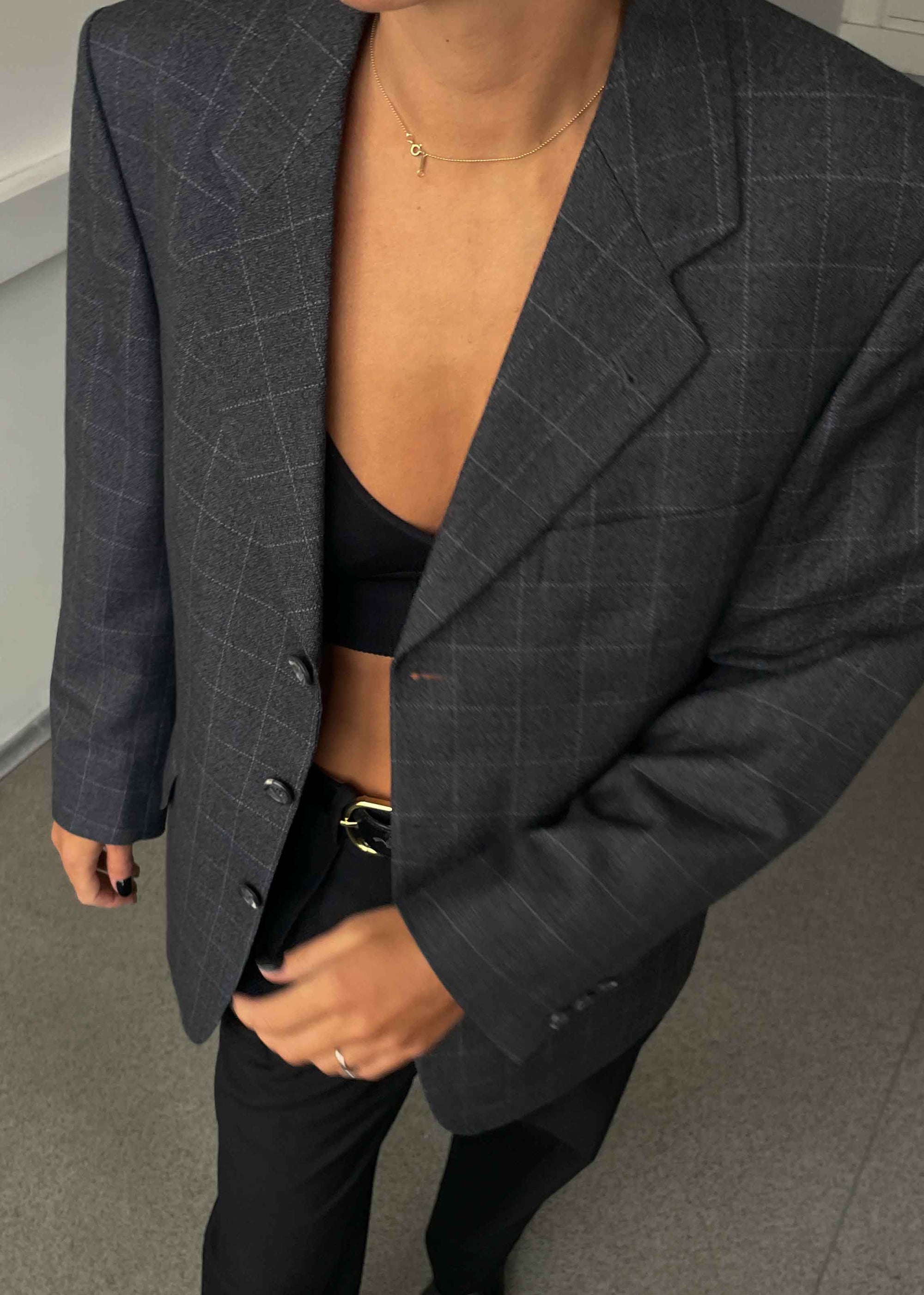 Vintage Grey Checked Oversized Blazer