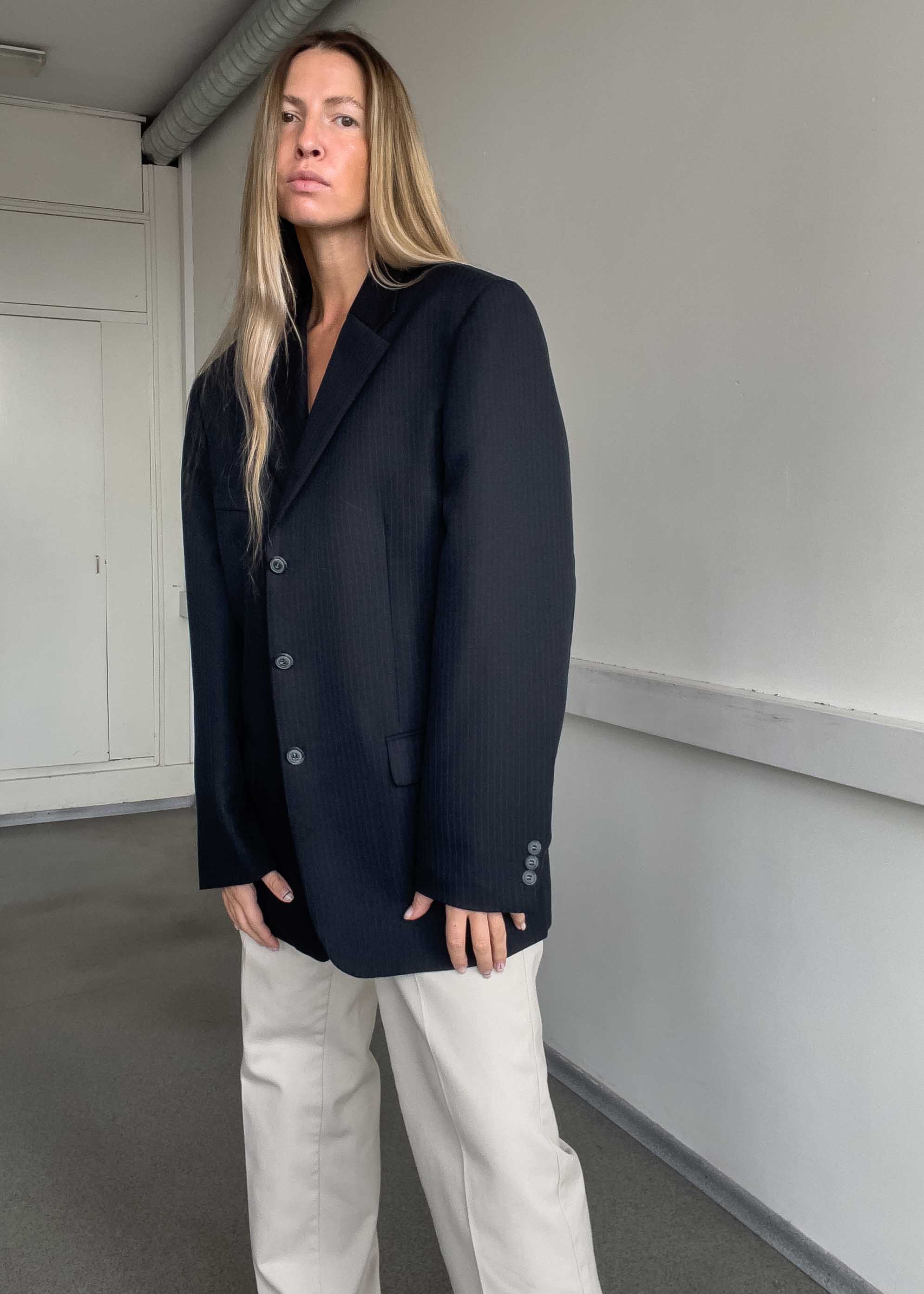 Vintage Navy Blue Stripy Oversized Blazer