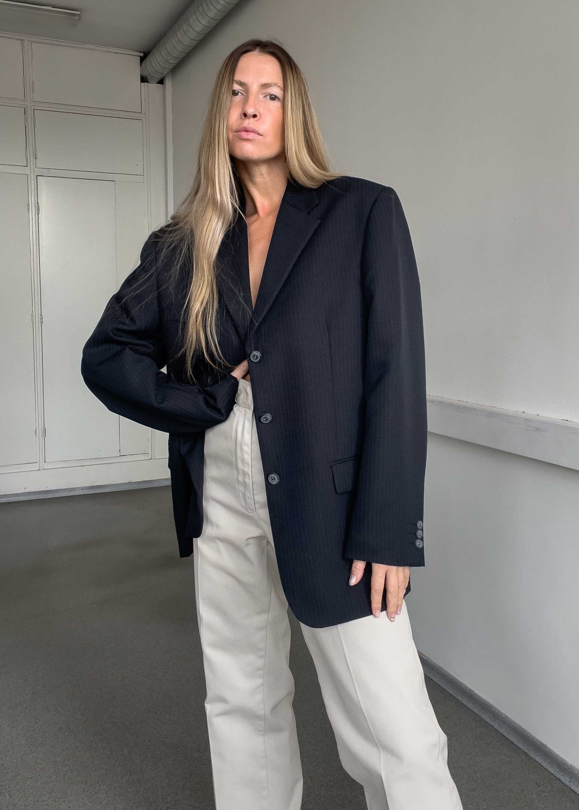 Vintage Navy Blue Stripy Oversized Blazer