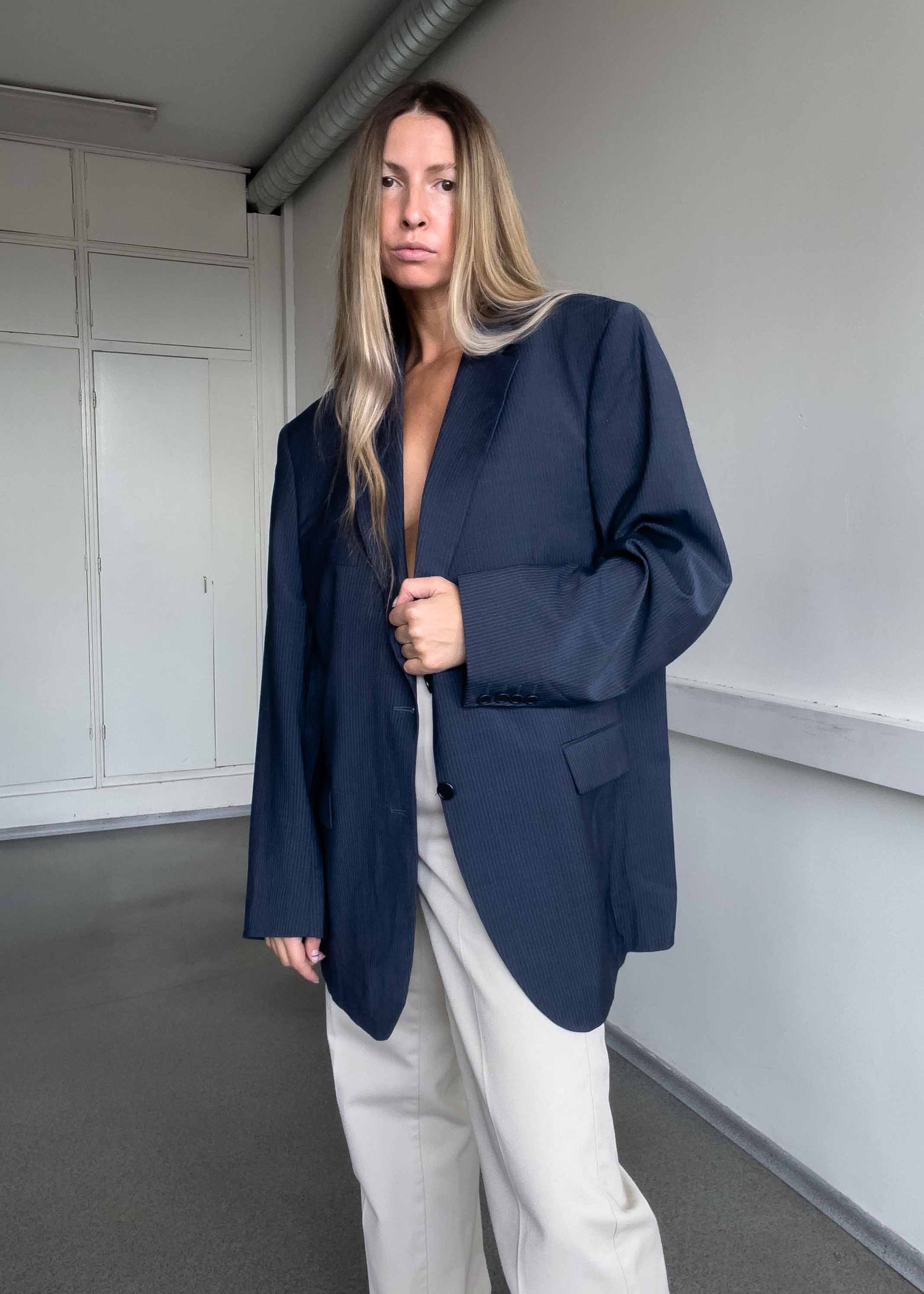 PIERRE CARDIN Vintage Blue Stripy Oversized Blazer