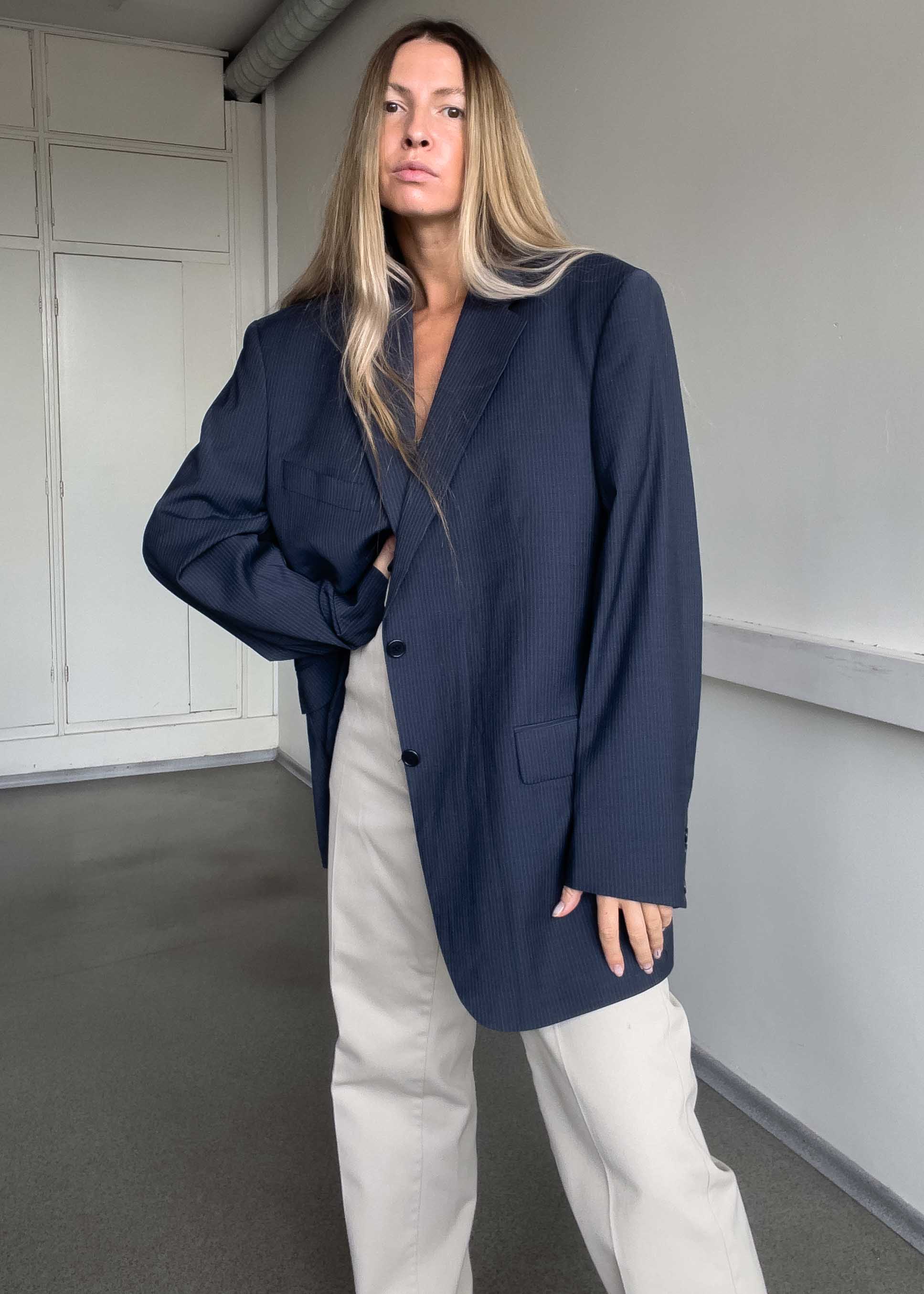 PIERRE CARDIN Vintage Blue Stripy Oversized Blazer