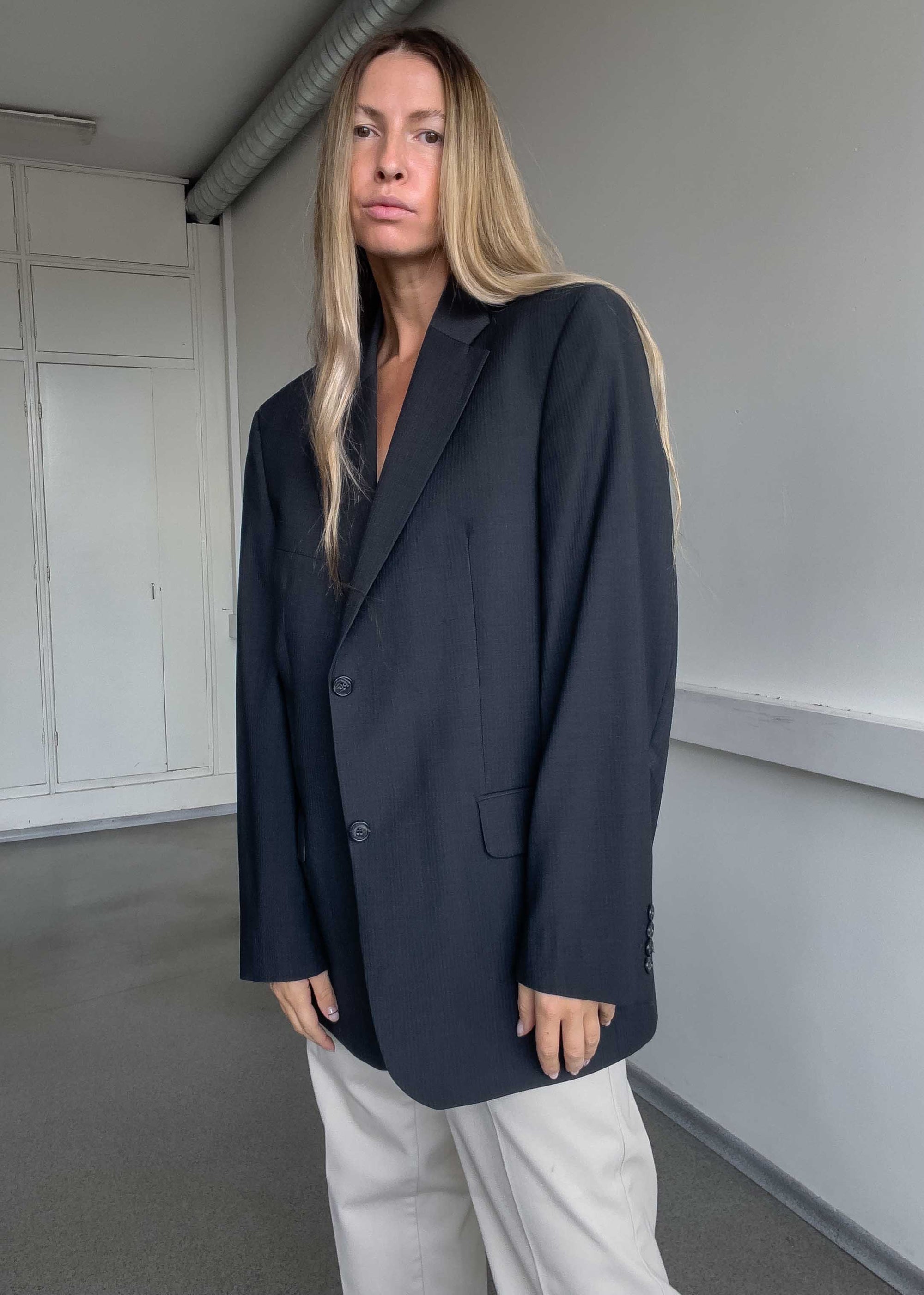 Vintage Grey Stripy Oversized Blazer