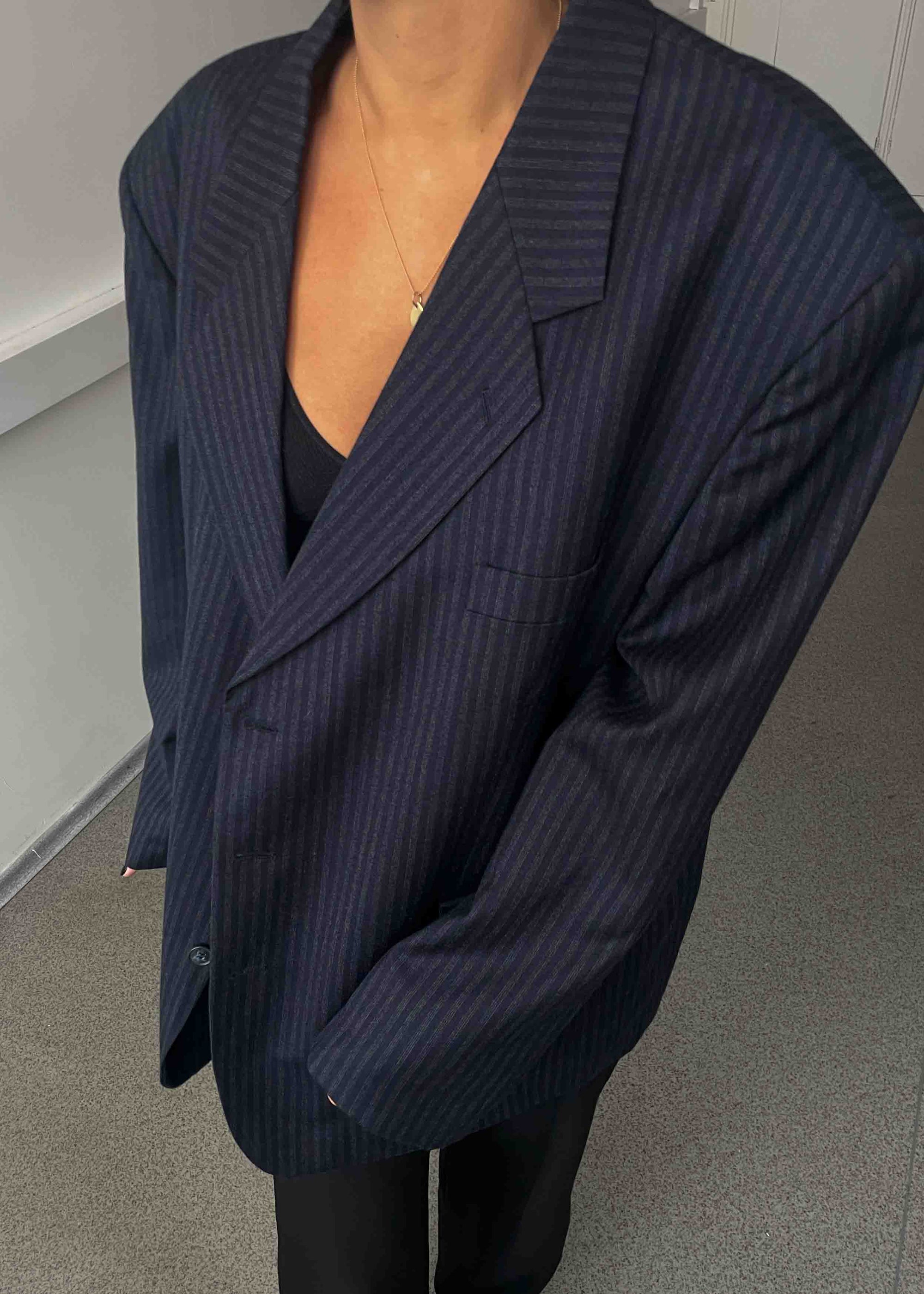 Vintage Navy Blue Striped Oversized 100% WOOL Blazer