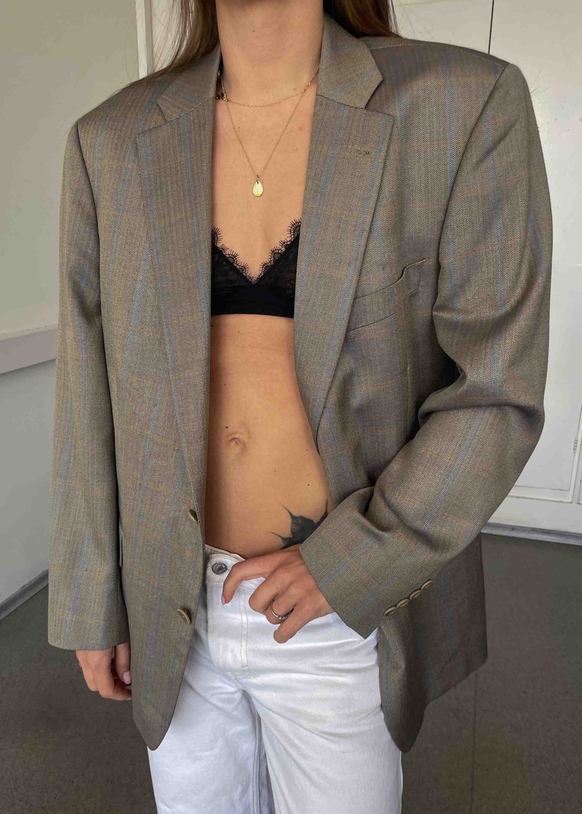 Vintage Light Brown Patterned Oversized Silk Blazer