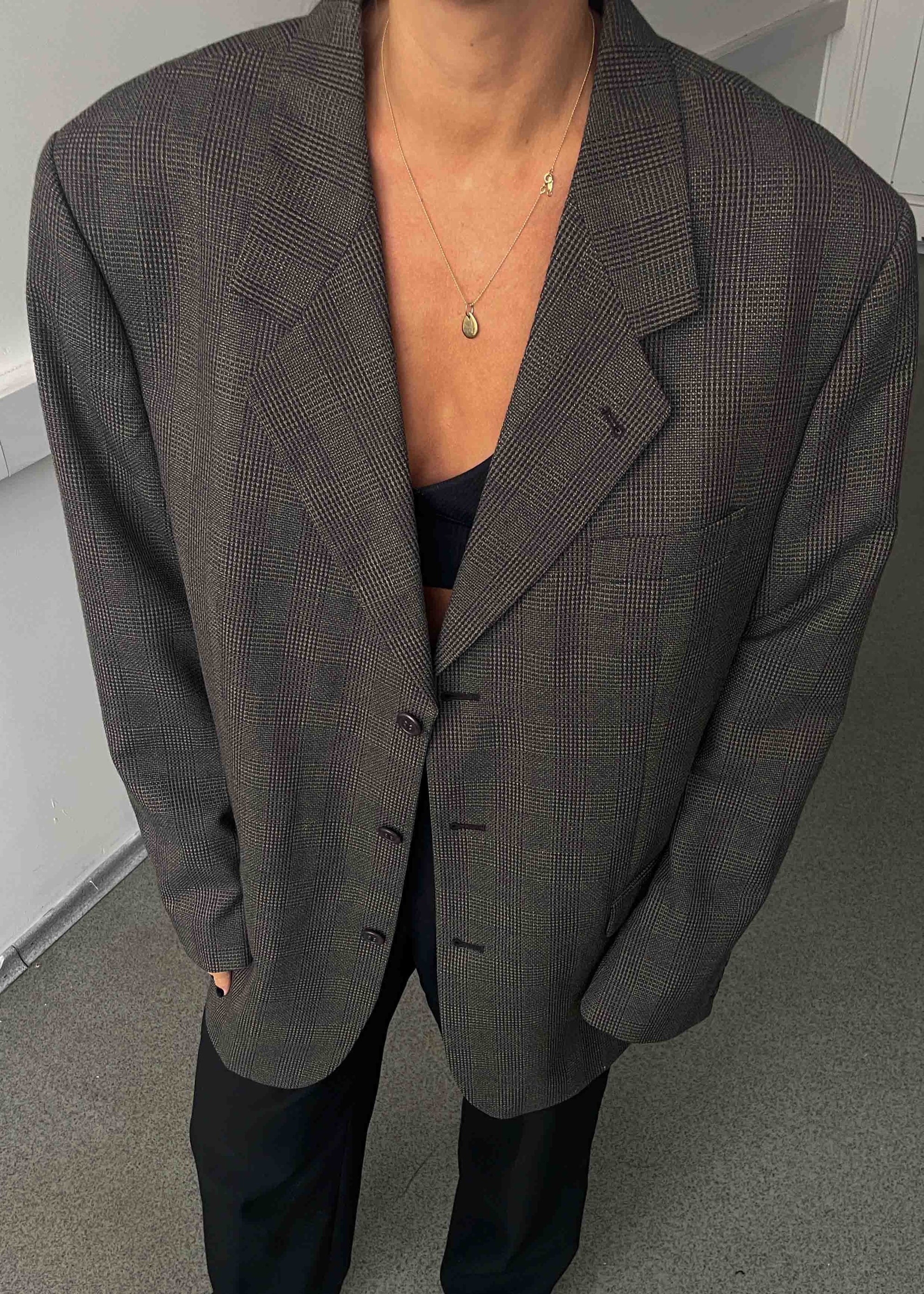 Vintage Grey Checked Oversized Blazer