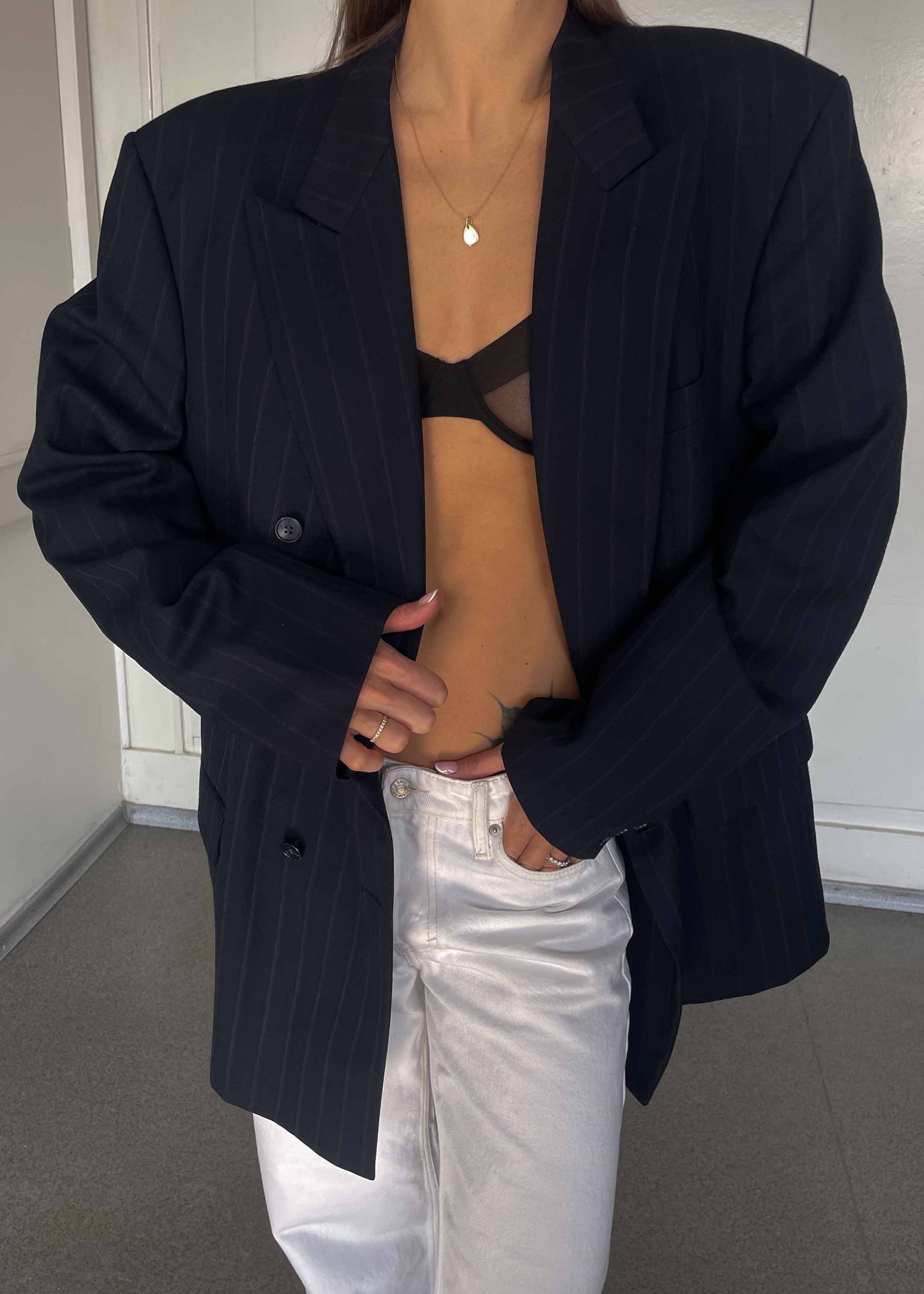 Vintage Navy Blue Striped Oversized Double Breasted Blazer