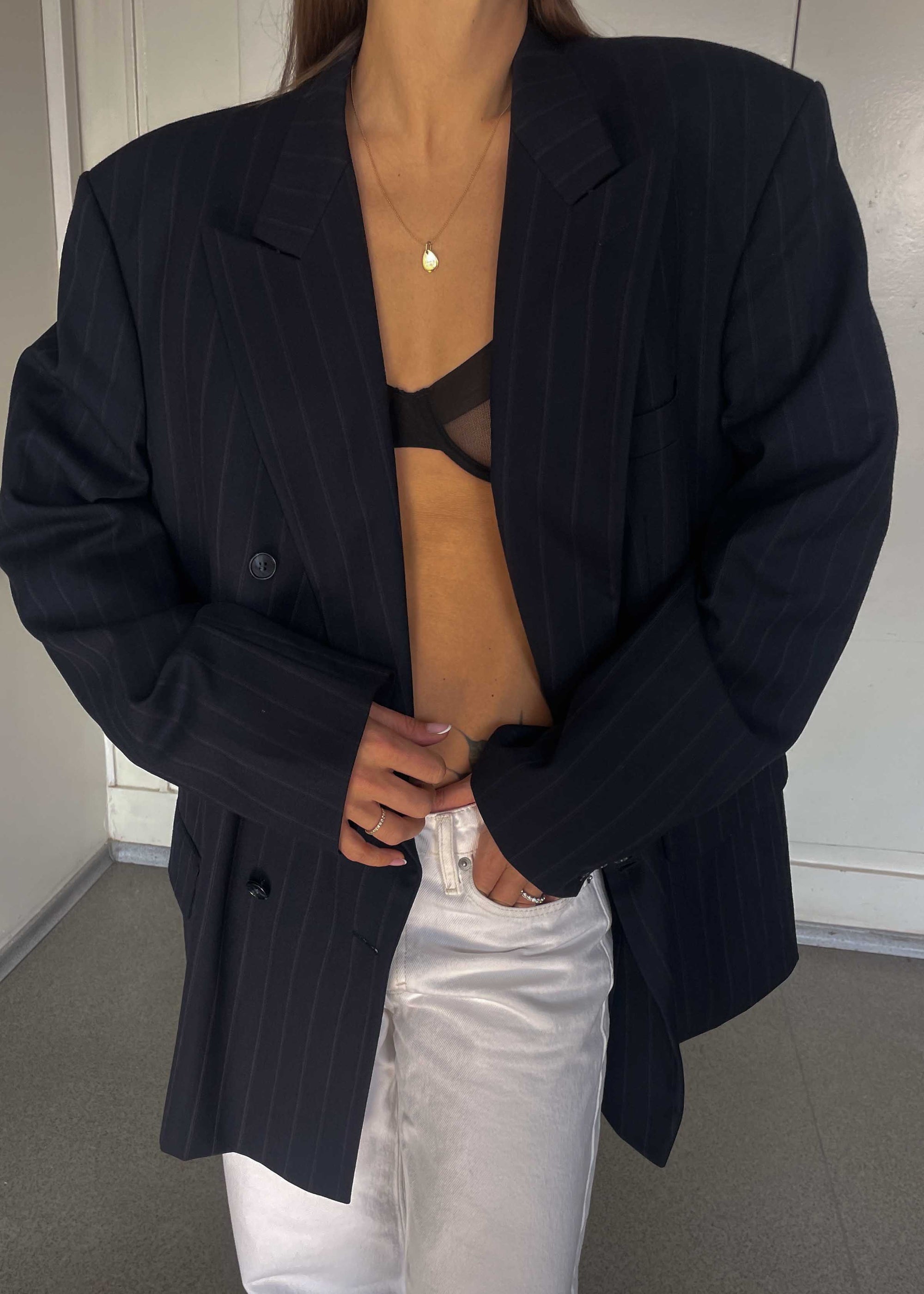 Vintage Navy Blue Striped Oversized Double Breasted Blazer