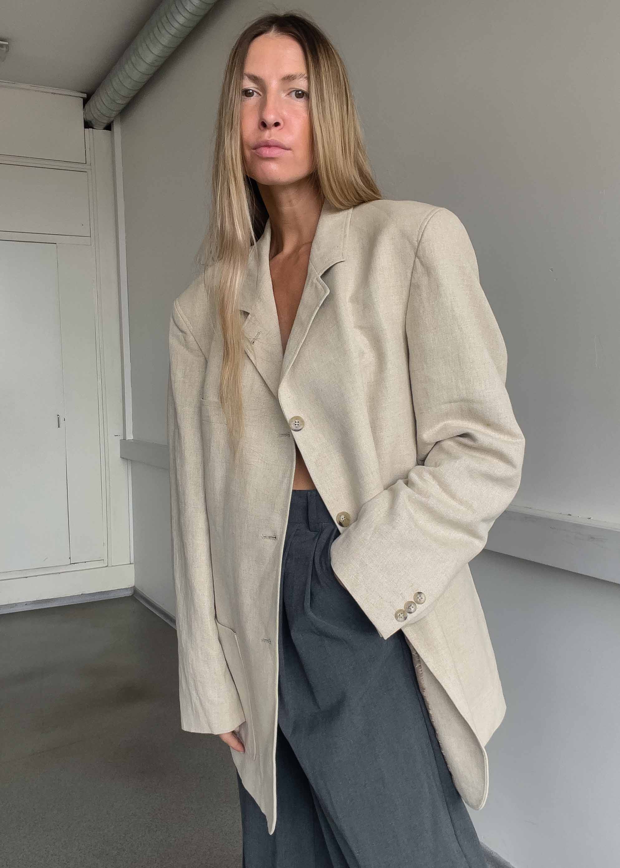 Vintage Beige Linen Oversized Blazer
