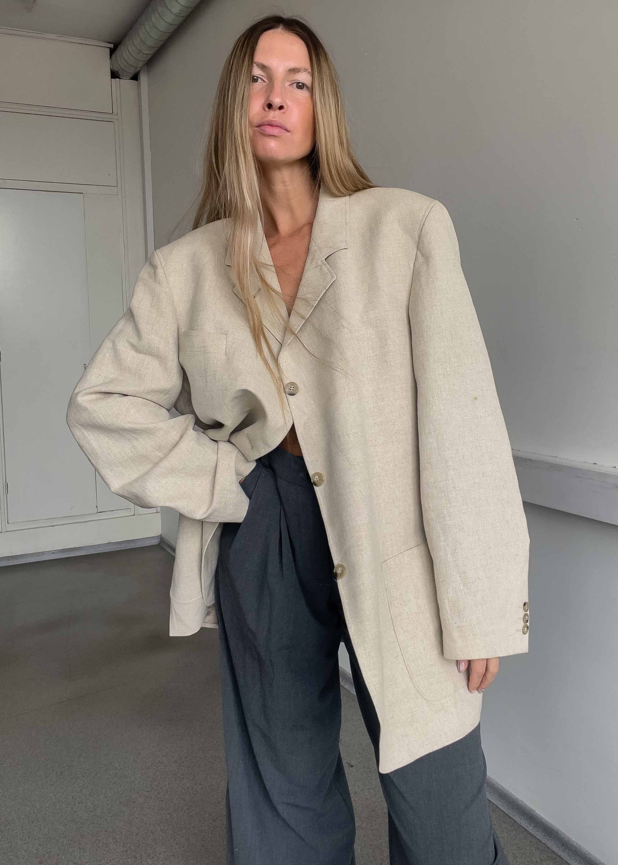 Vintage Beige Linen Oversized Blazer