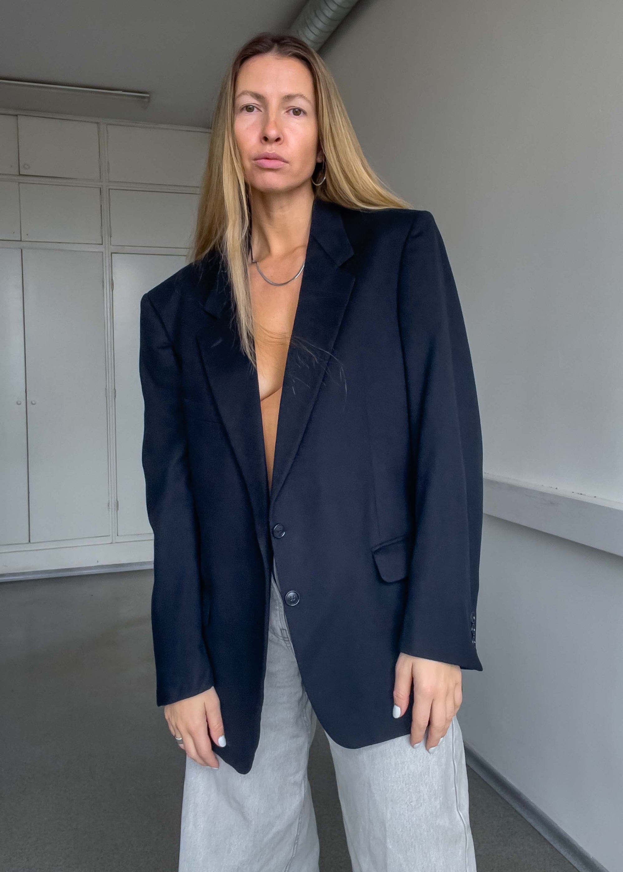 Vintage Navy Blue Brushed Wool Oversized Blazer