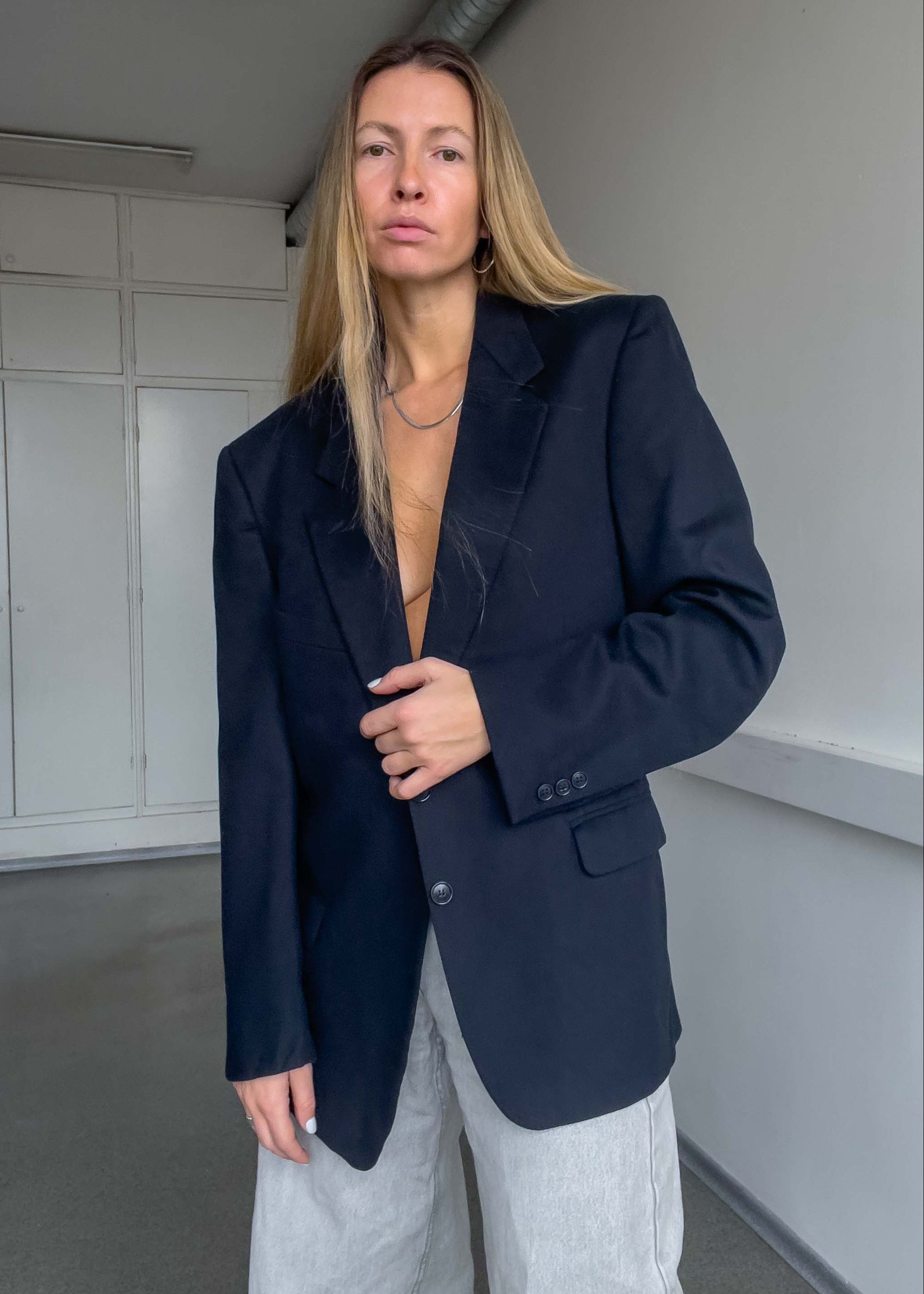 Vintage Navy Blue Brushed Wool Oversized Blazer