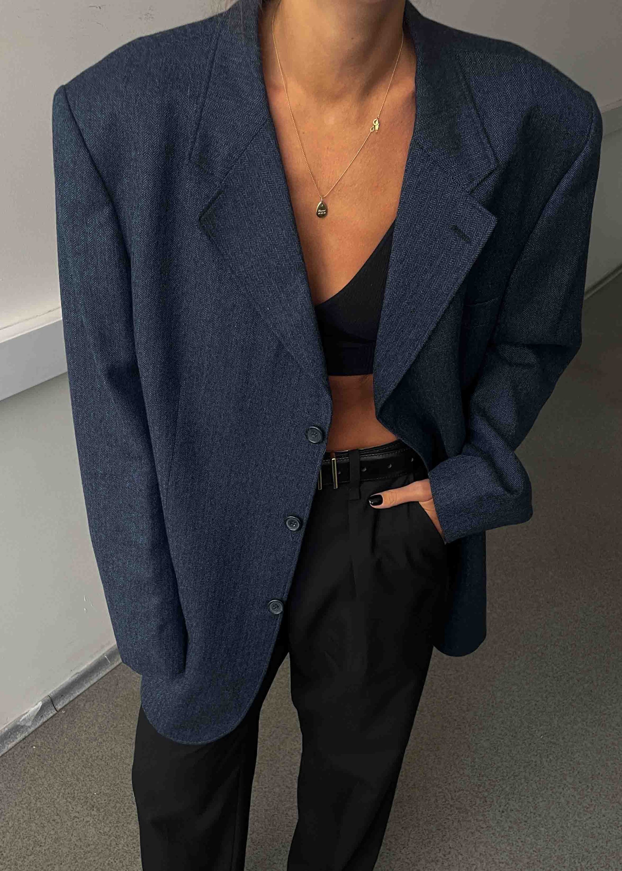 Vintage Blue Patterned Oversized 100% WOOL Blazer