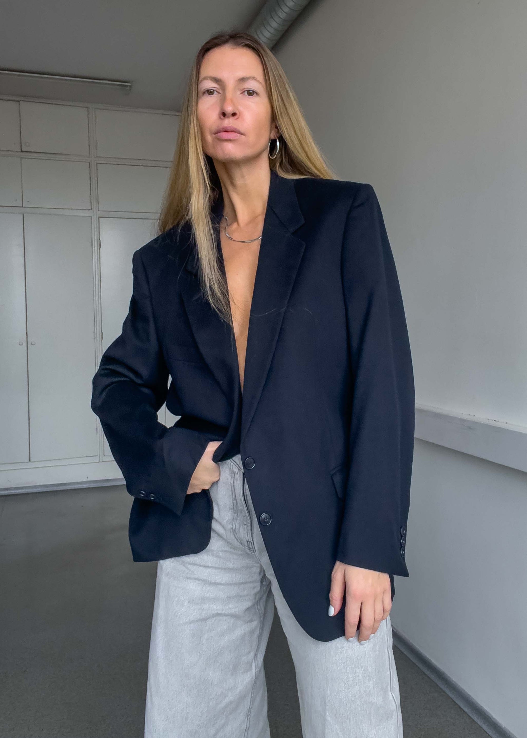 Vintage Navy Blue Brushed Wool Oversized Blazer