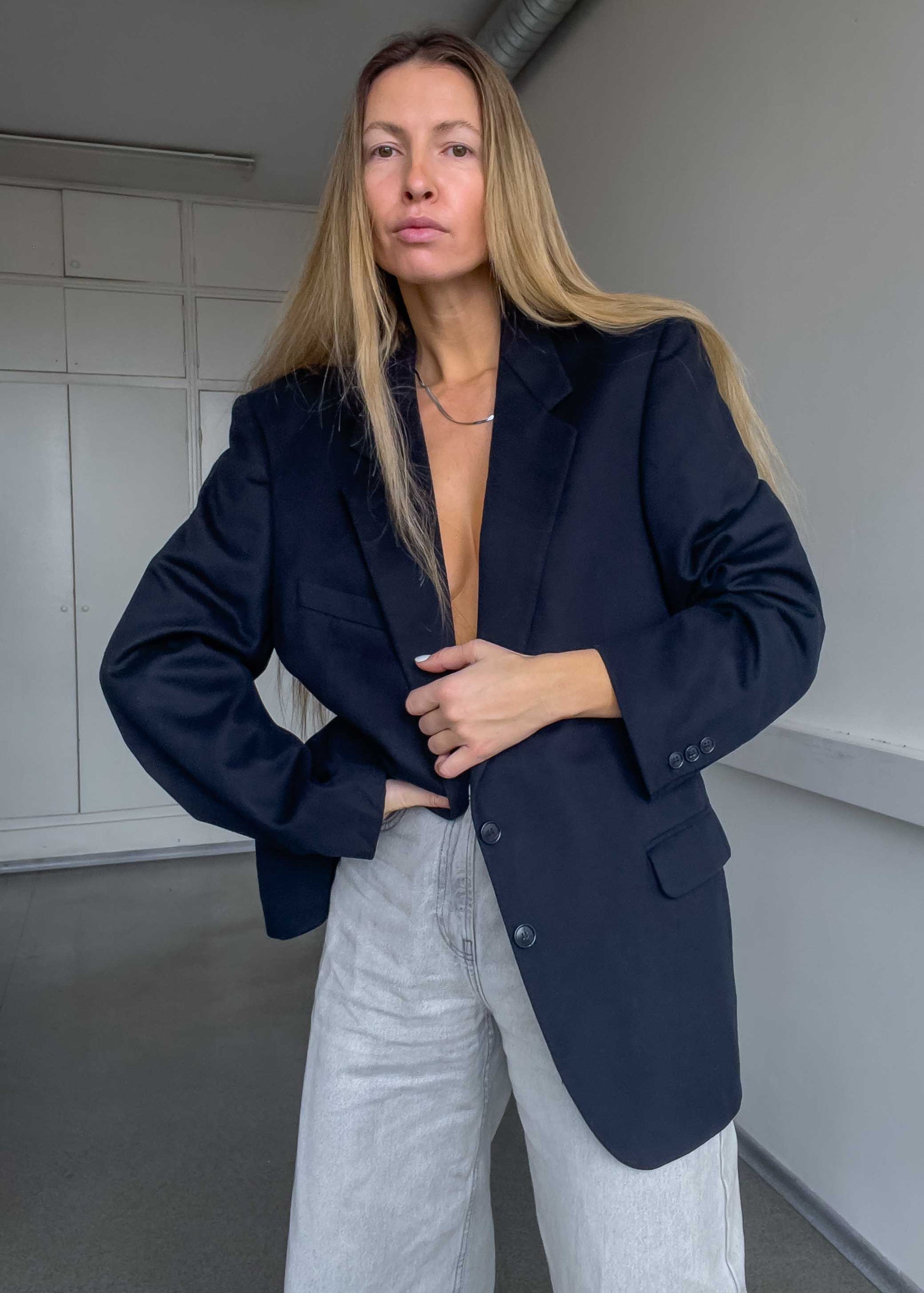 Vintage Navy Blue Brushed Wool Oversized Blazer