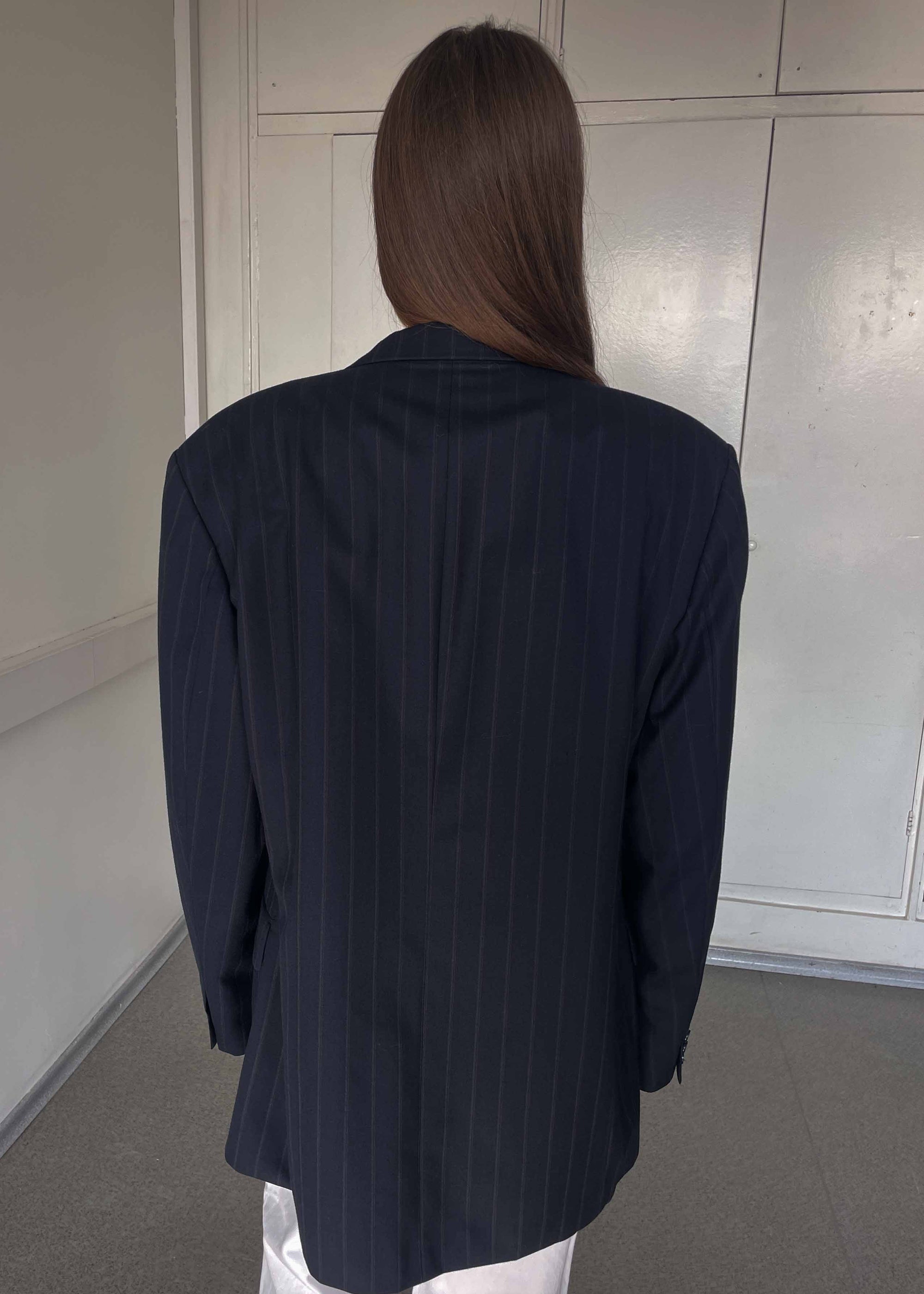 Vintage Navy Blue Striped Oversized Double Breasted Blazer