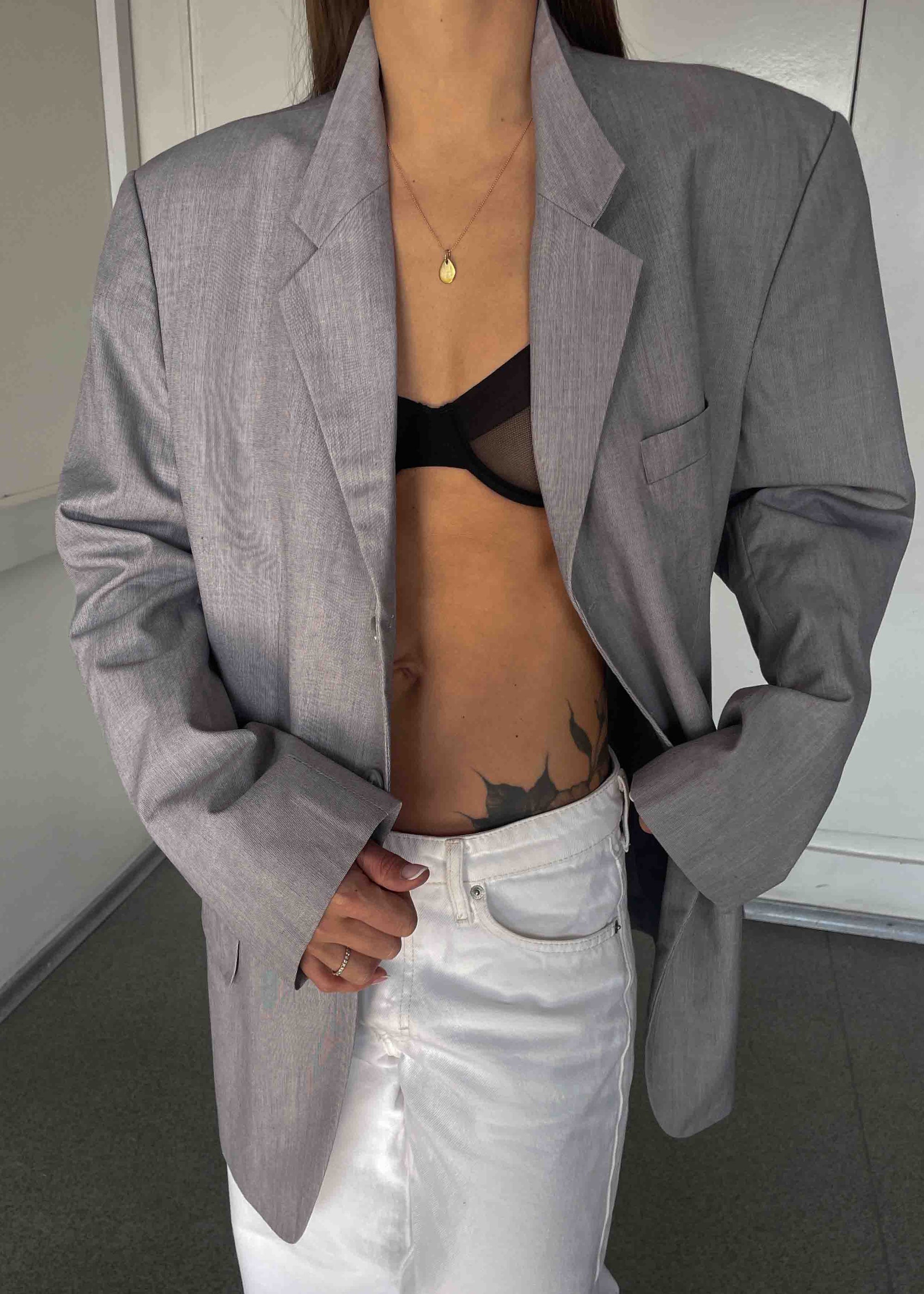 Vintage Light Grey Patterned Light Weight Oversized Blazer