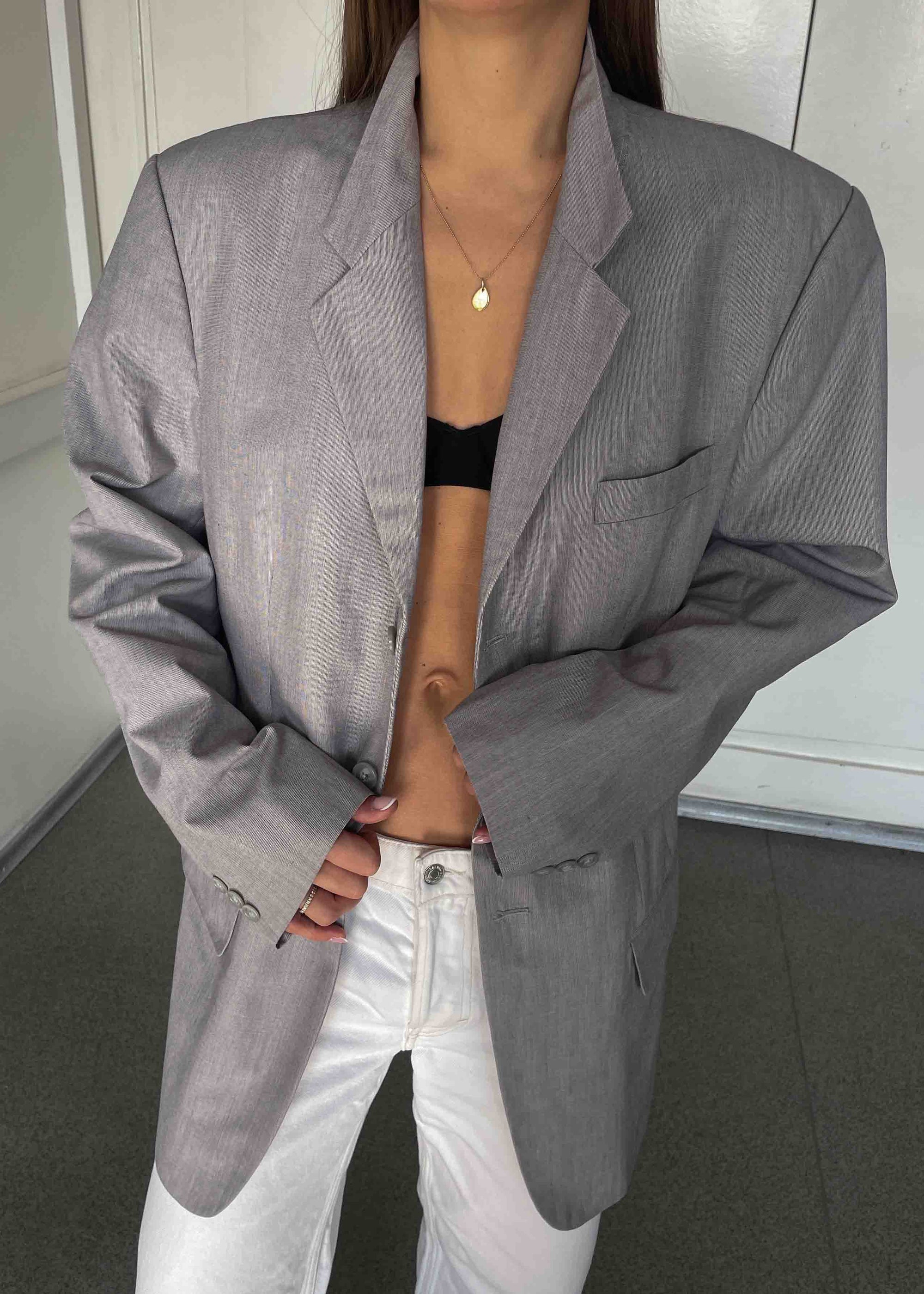 Vintage Light Grey Patterned Light Weight Oversized Blazer