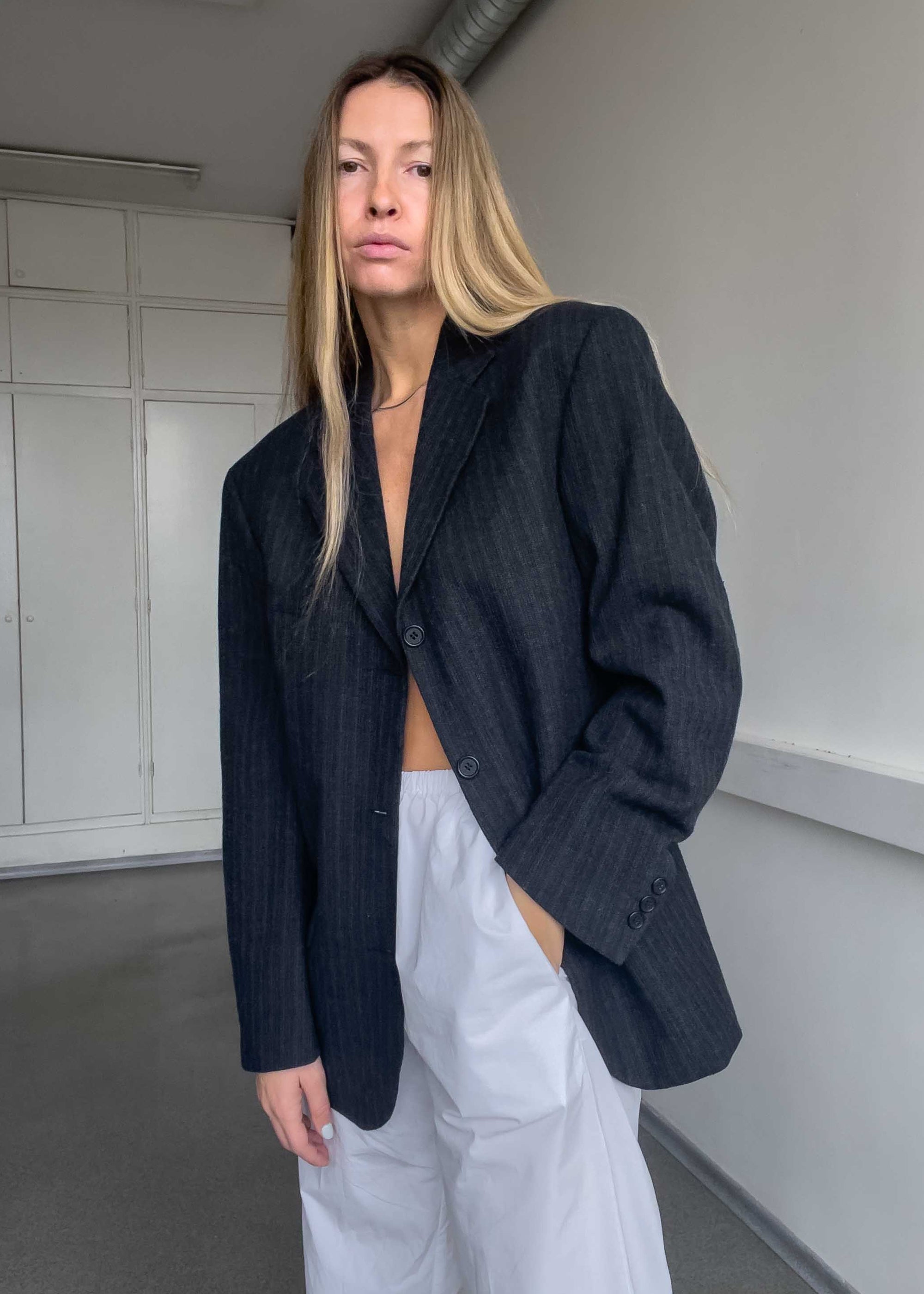 Vintage Grey Striped Oversized Blazer