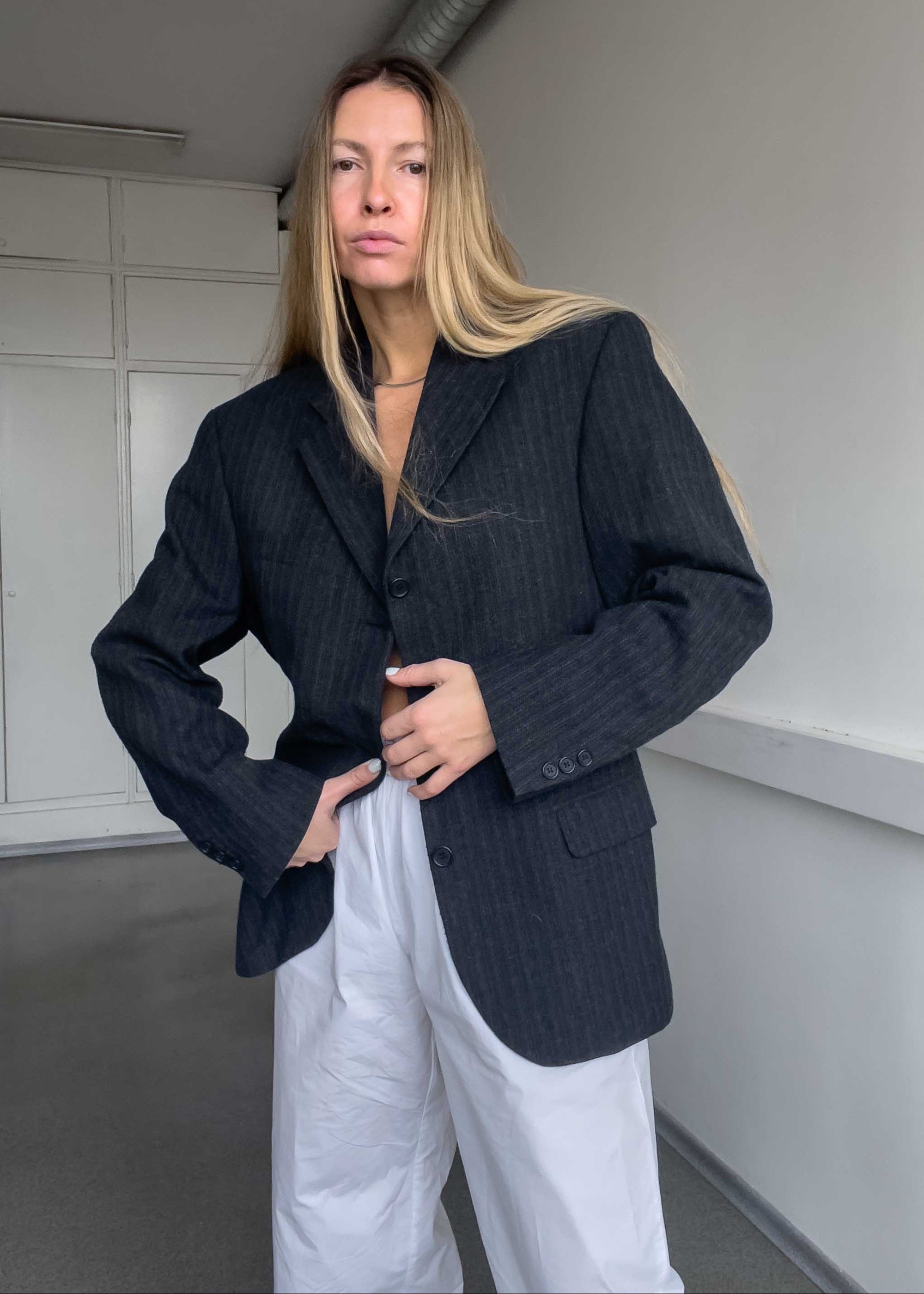 Vintage Grey Striped Oversized Blazer