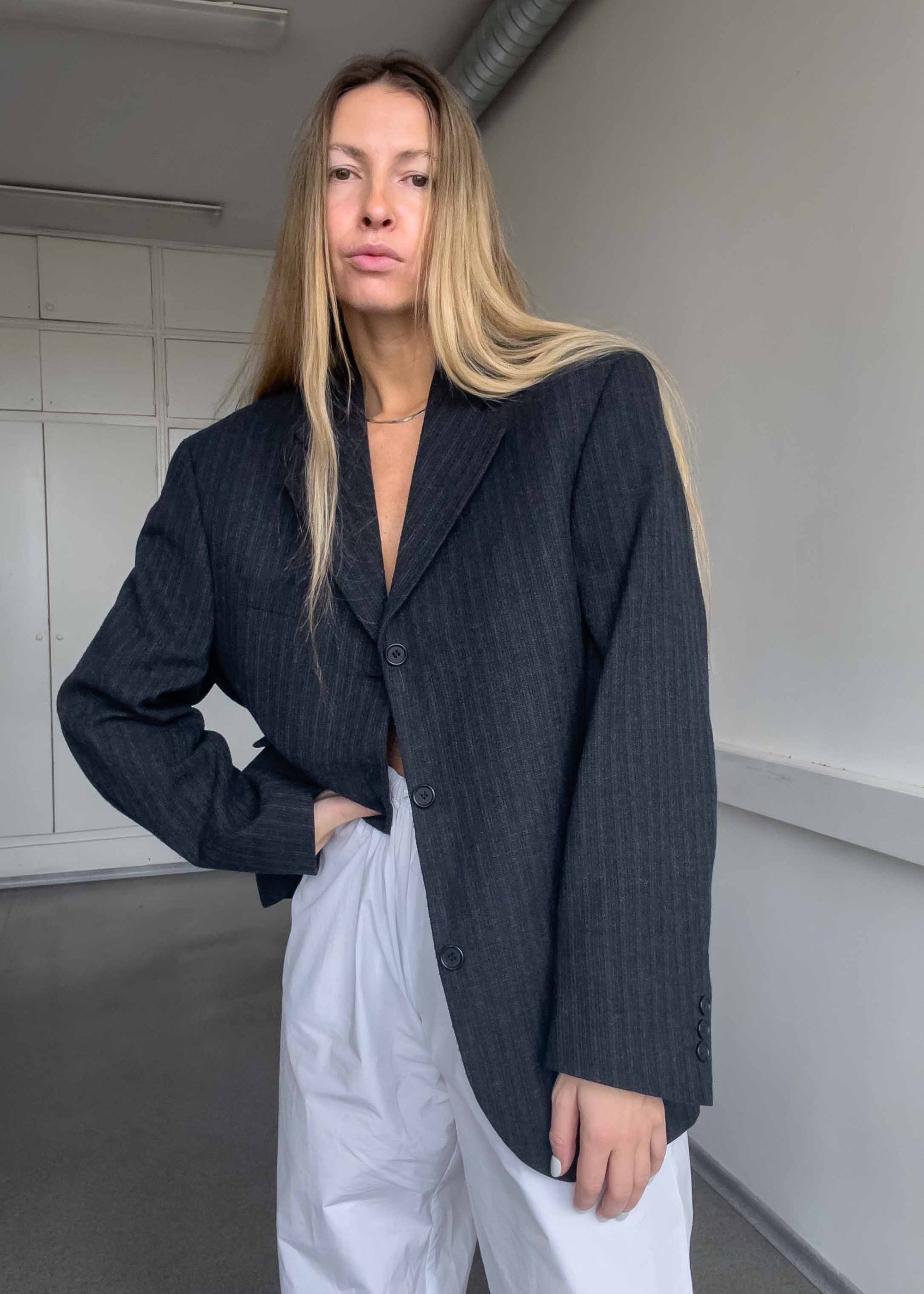 Vintage Grey Striped Oversized Blazer