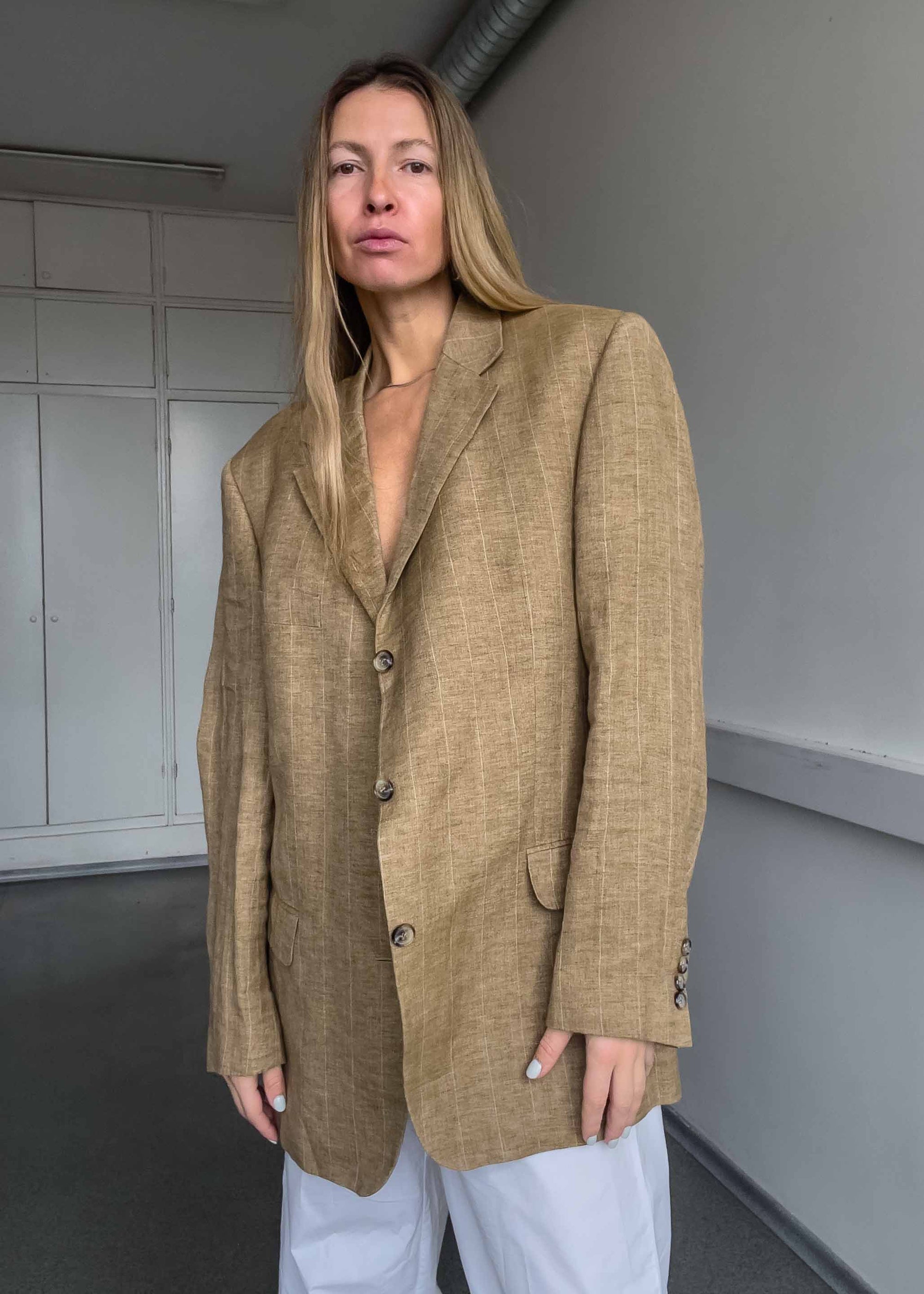 Vintage Brown Checked Oversized 100% LINEN Blazer