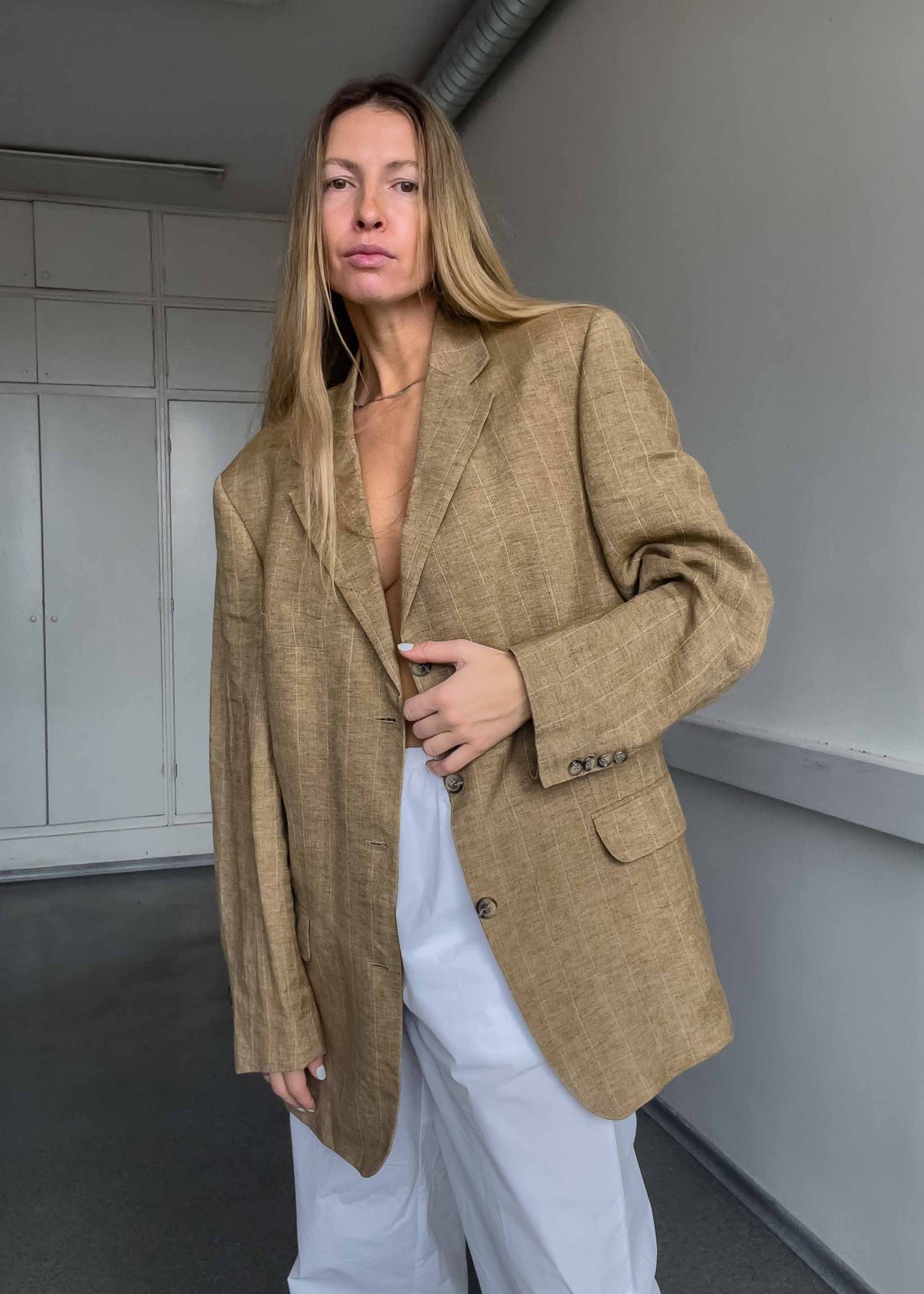 Vintage Brown Checked Oversized 100% LINEN Blazer