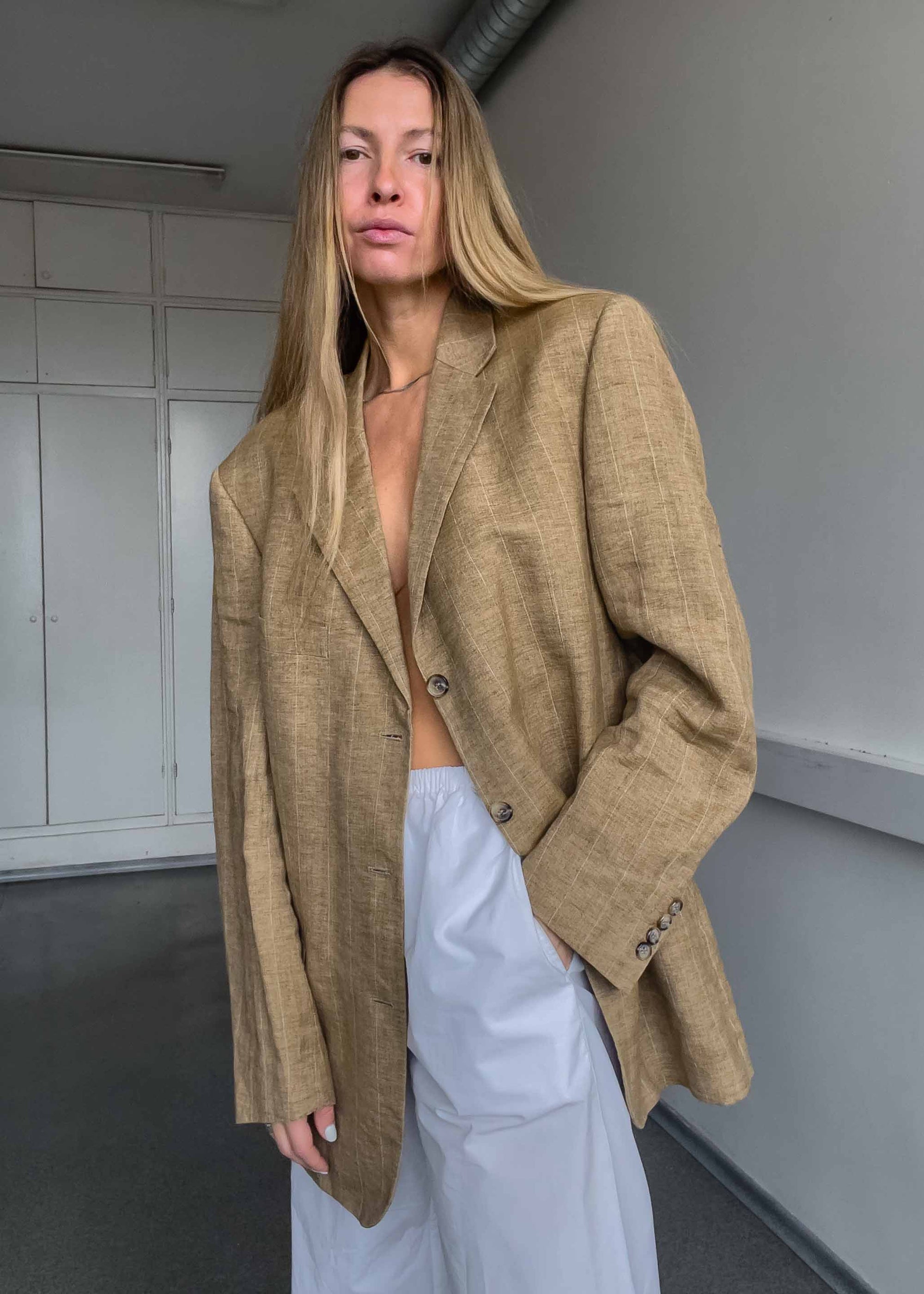 Vintage Brown Checked Oversized 100% LINEN Blazer