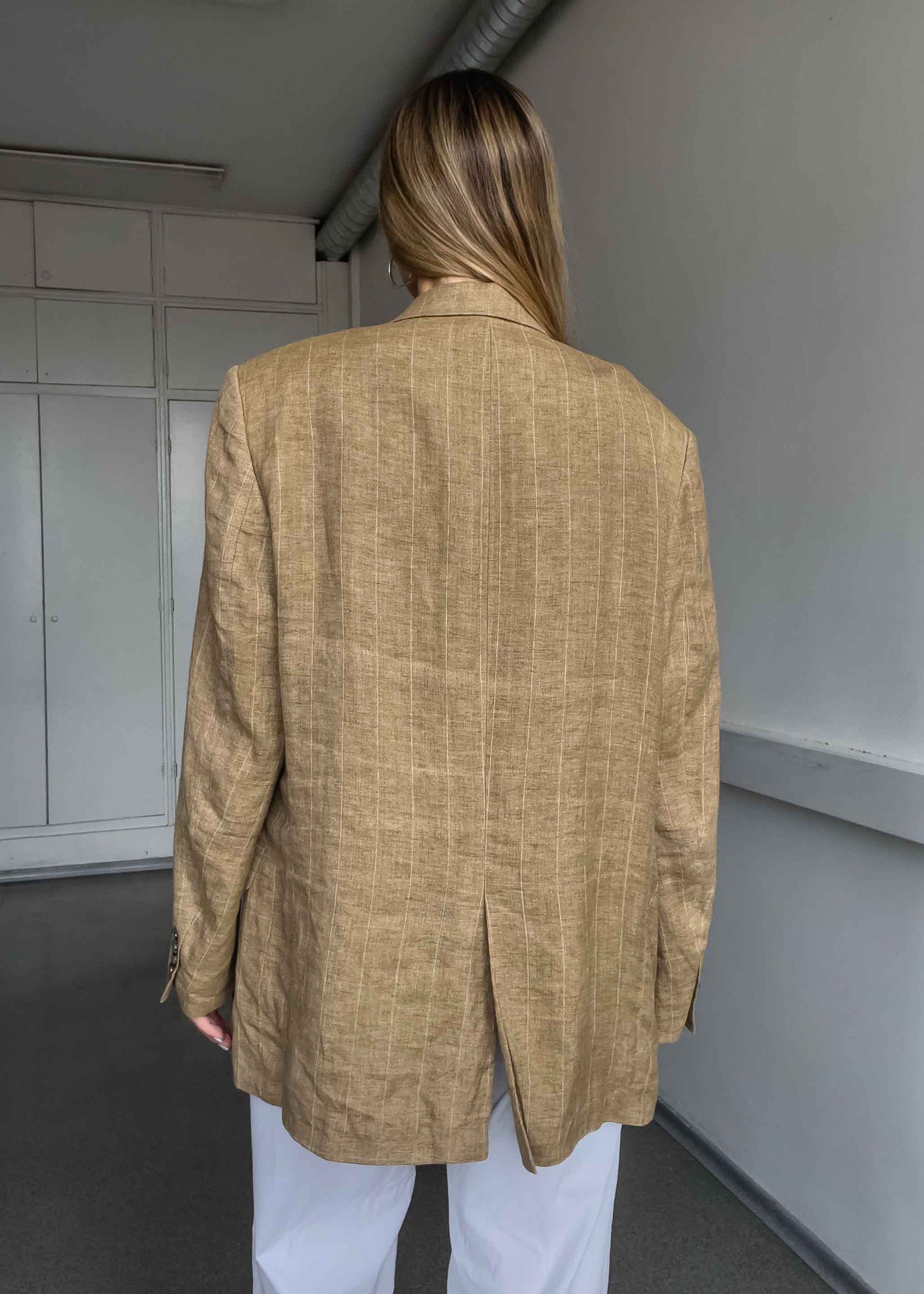 Vintage Brown Checked Oversized 100% LINEN Blazer