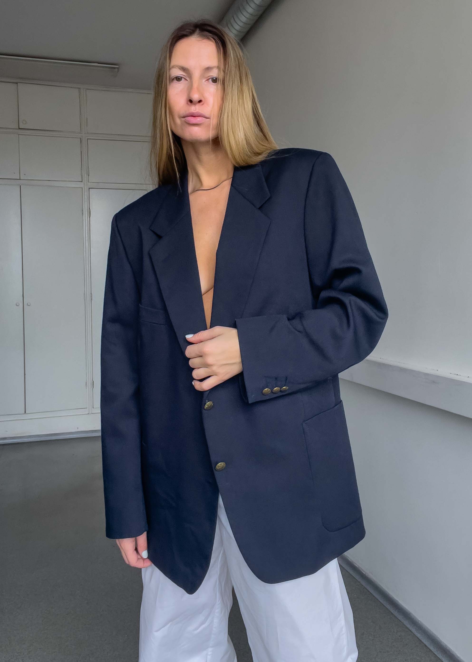 Vintage Blue Oversized Blazer with Metal Buttons