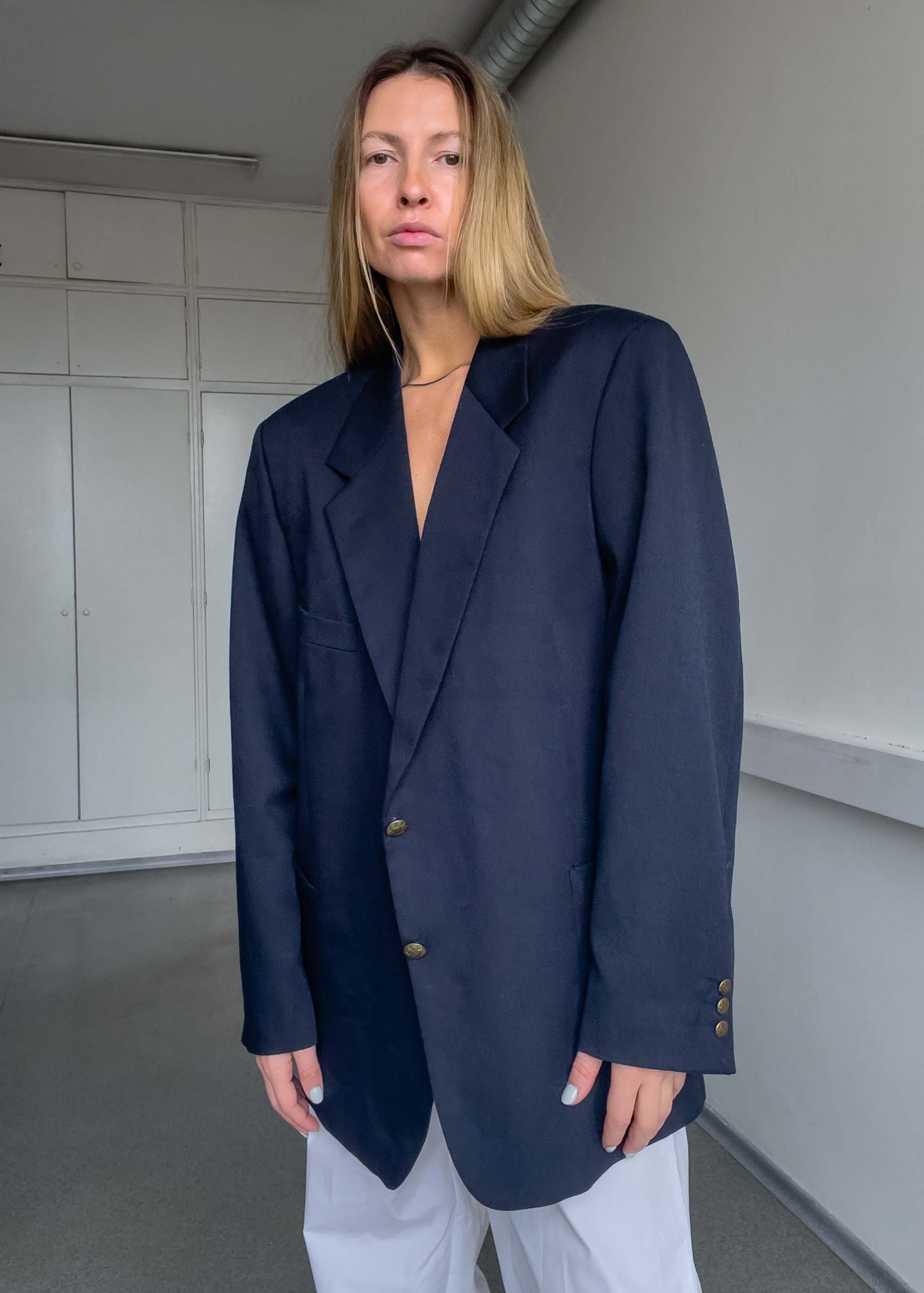 Vintage Blue Oversized Blazer with Metal Buttons