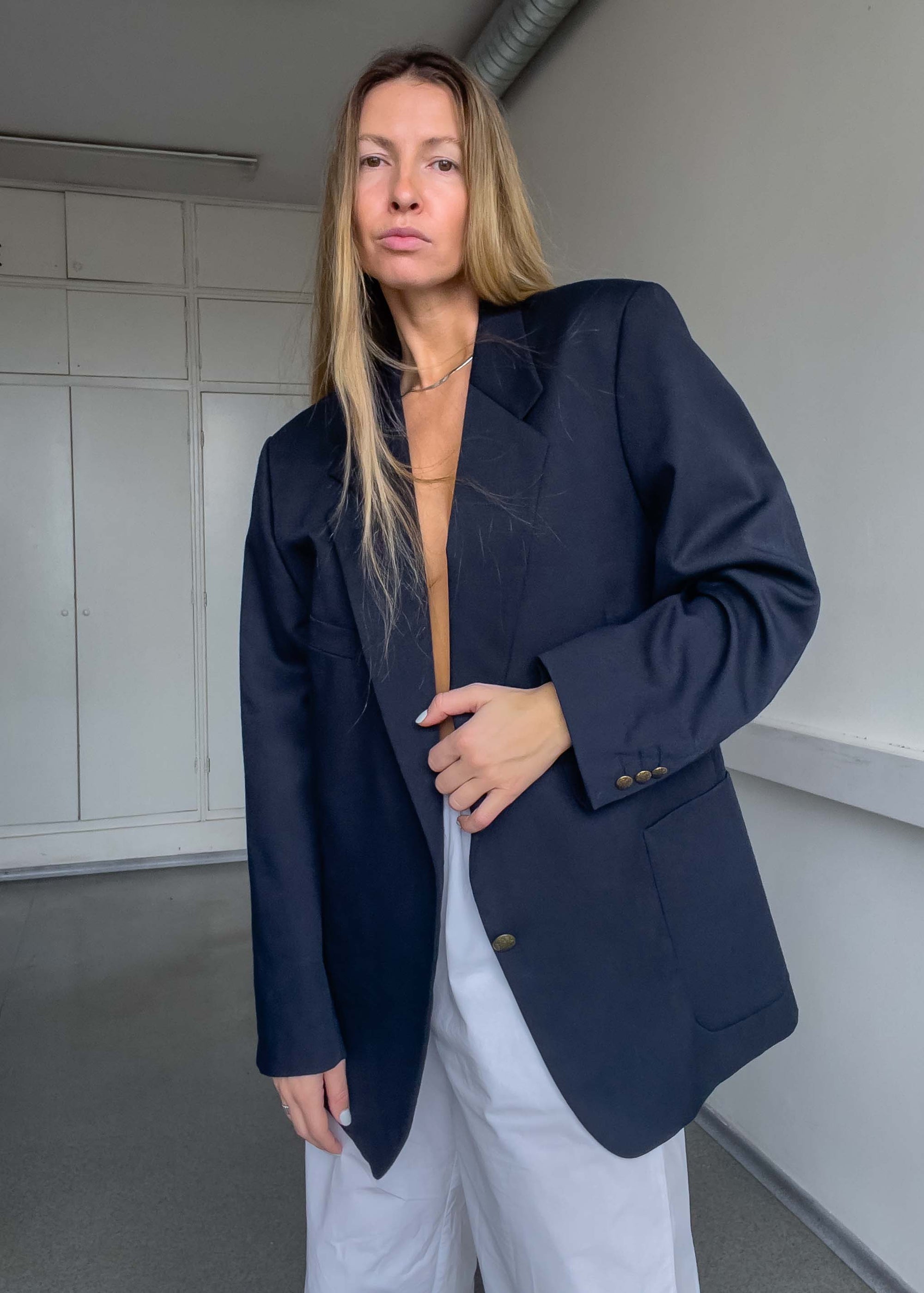 Vintage Blue Oversized Blazer with Metal Buttons