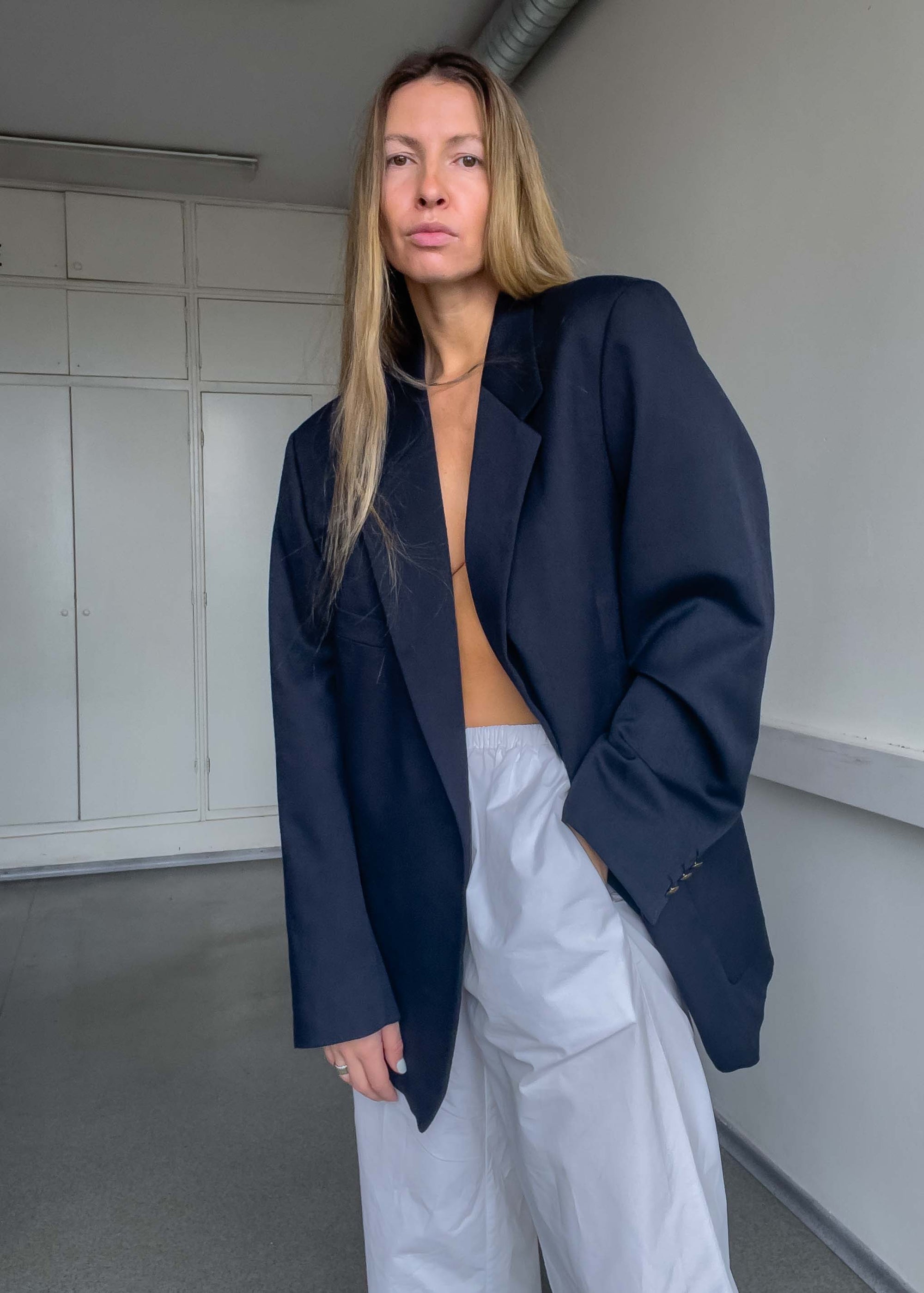 Vintage Blue Oversized Blazer with Metal Buttons